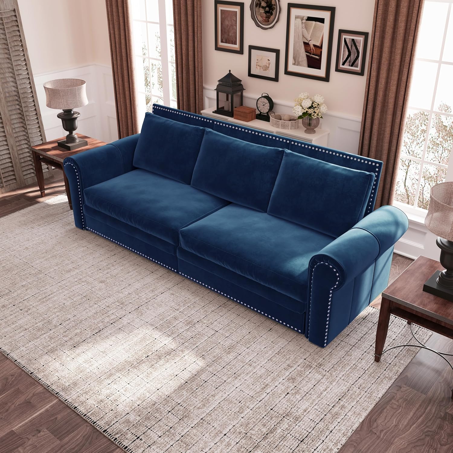 93.7' King Pull Out Sofa Bed, Velvet Sleeper Sofa Couch, 3 in 1 Convertible Futon Couches for Living Room, Small Space, Apartment, Office, Bedroom, Modern Rivet Armrest, Blue
