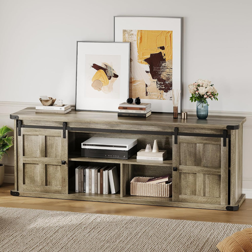 Garvee 70 in TV Stand for 75 in TVs, Farmhouse Entertainment Center and Media Furniture with Sliding Barn Doors & Storage Cabinets, Mid Century Modern TV Console Table for Living Room Bedroom
