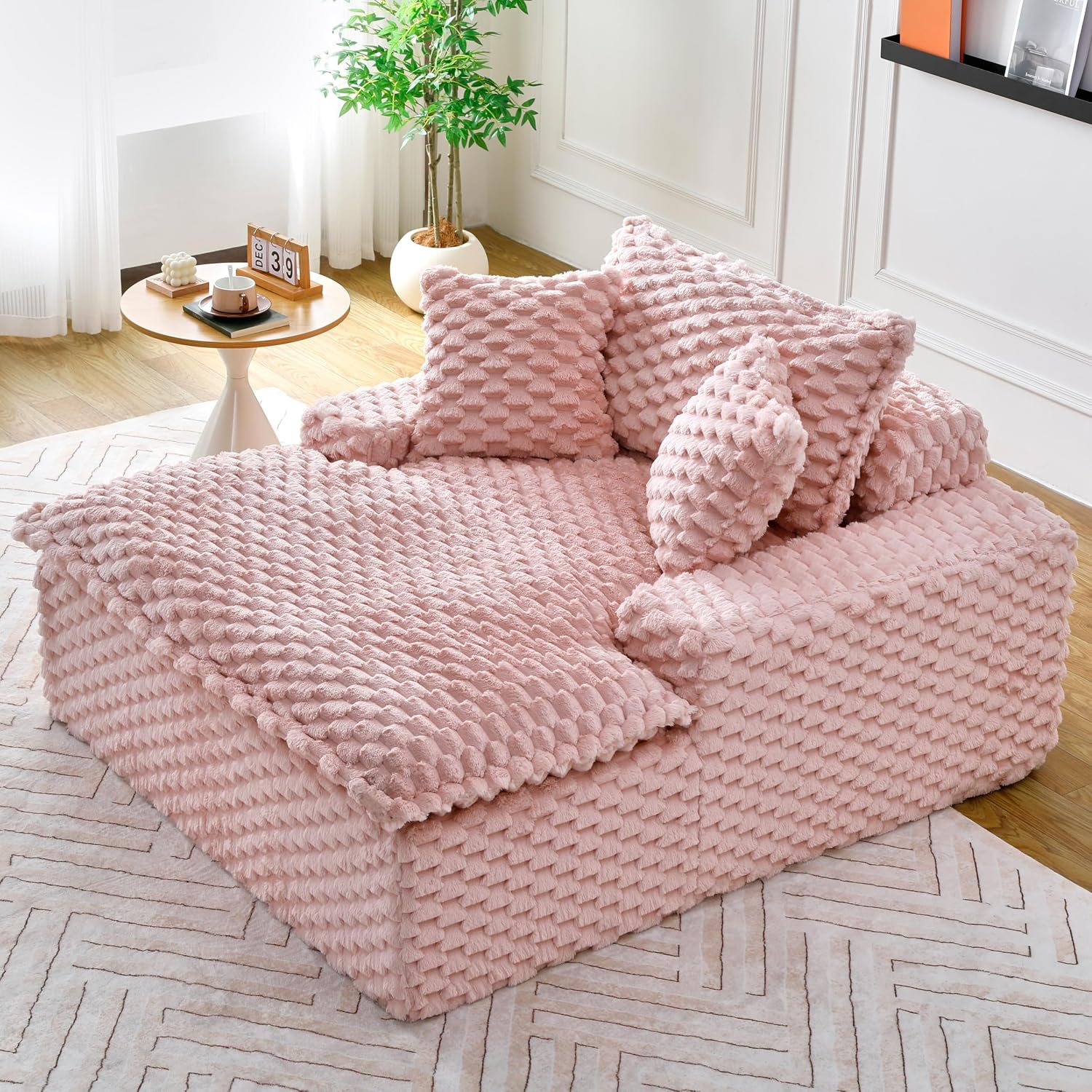 51 Inch Lounge Sofa, Boneless Cloud Couch for Living Room Bedroom, Comfy Reading Chair for Adults, Soft Textured Sleeper Chair with 2 Pillows, Frameless Floor Seating (Pink)
