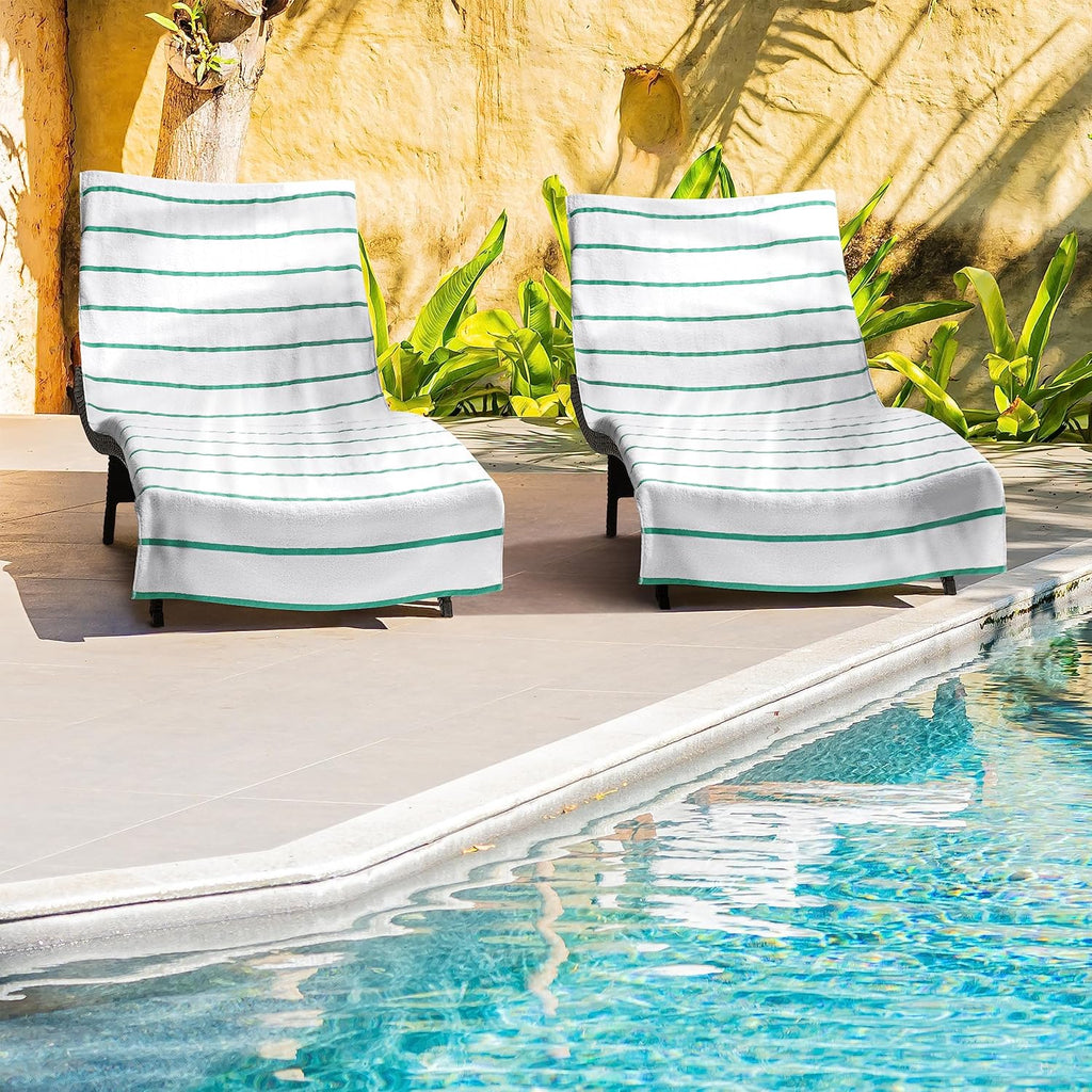 Arkwright Las Rayas Chaise Lounge Cover Towel with Pocket - Case of 12 - Striped 100% Cotton Cabana Cover for Beach Pool Outdoor Chairs, 30 x 85 in, White/Green