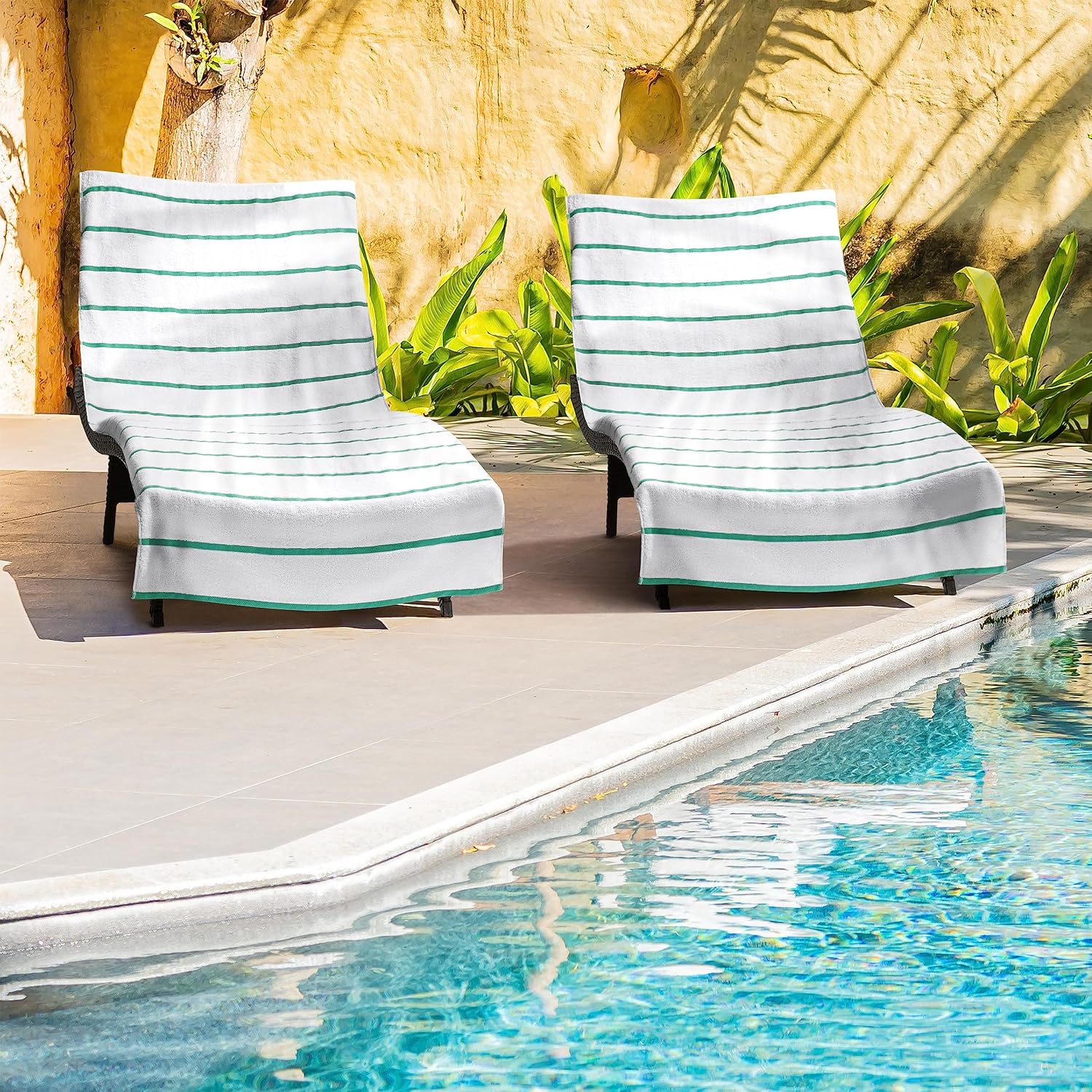 Arkwright Las Rayas Chaise Lounge Cover Towel with Pocket - Case of 12 - Striped 100% Cotton Cabana Cover for Beach Pool Outdoor Chairs, 30 x 85 in, White/Green