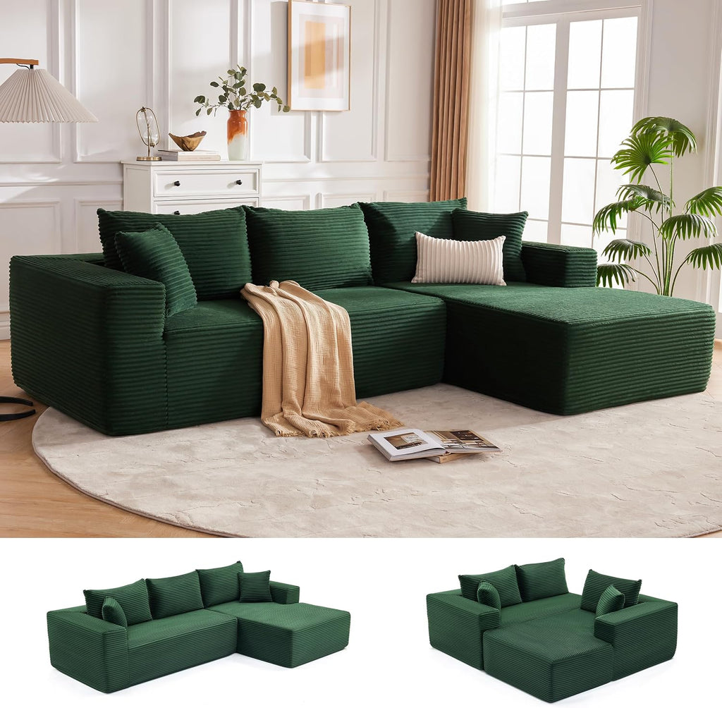 Mangodan 110' Cloud Sectional Couch, Boneless Sofa for Living Room, Modular Sectional Sofa with Deep Seat, Comfy Fluffy Couch with L-Shaped Chaise, No Assembly Required (Right-Facing Chaise, Green)