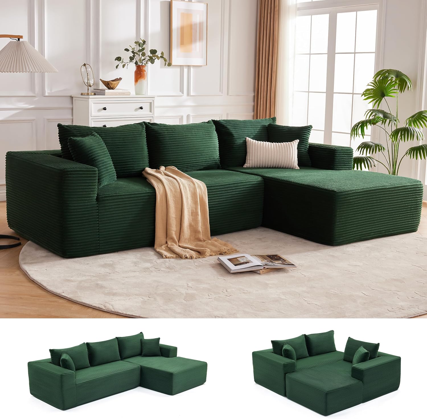Mangodan 110' Cloud Sectional Couch, Boneless Sofa for Living Room, Modular Sectional Sofa with Deep Seat, Comfy Fluffy Couch with L-Shaped Chaise, No Assembly Required (Right-Facing Chaise, Green)