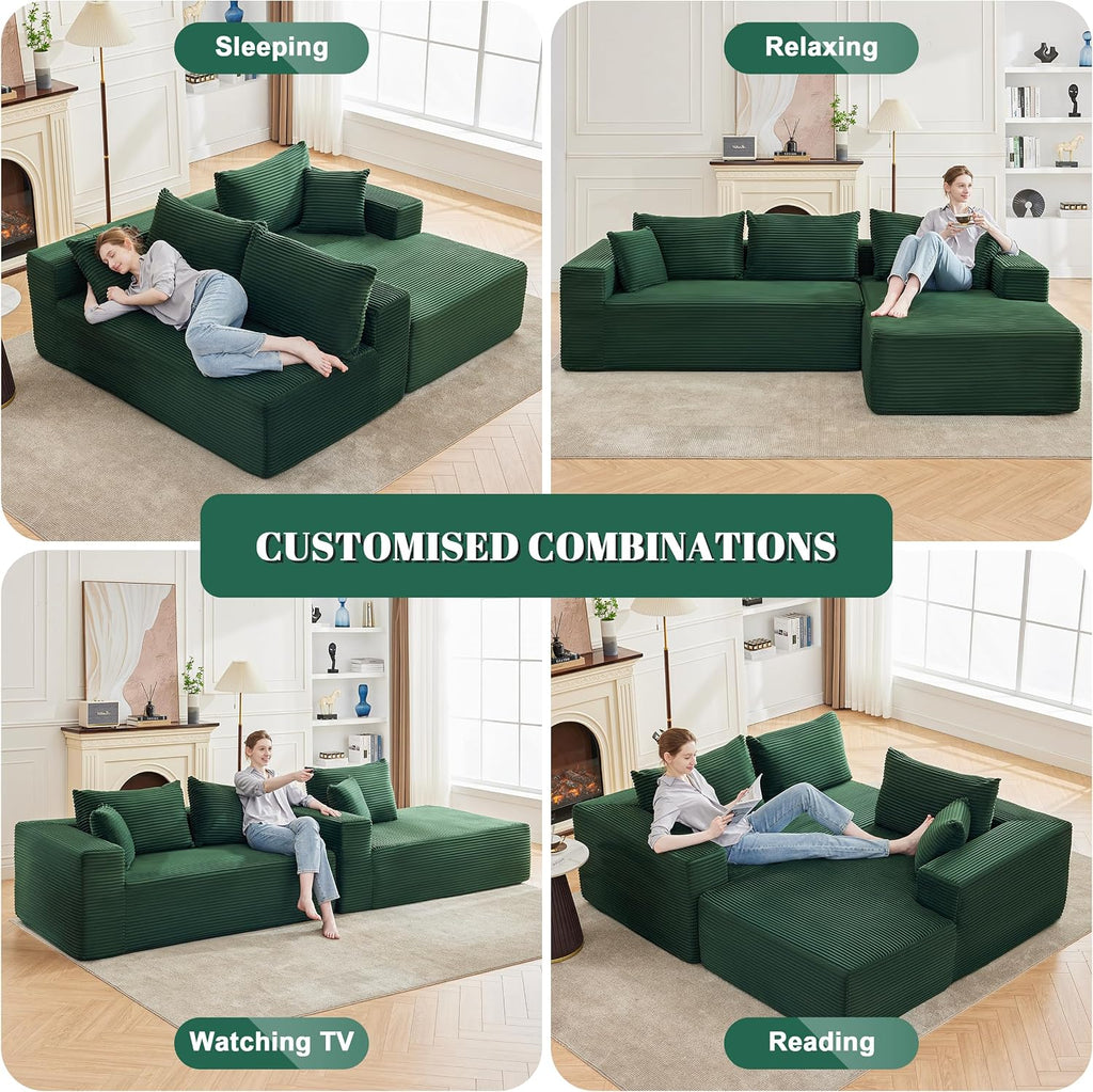Mangodan 110' Cloud Sectional Couch, Boneless Sofa for Living Room, Modular Sectional Sofa with Deep Seat, Comfy Fluffy Couch with L-Shaped Chaise, No Assembly Required (Right-Facing Chaise, Green)