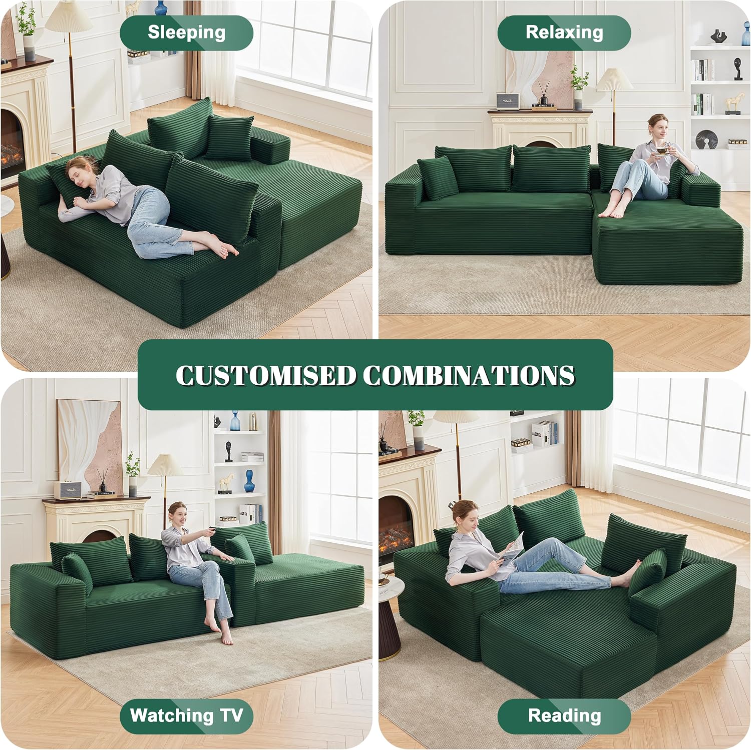 Mangodan 110' Cloud Sectional Couch, Boneless Sofa for Living Room, Modular Sectional Sofa with Deep Seat, Comfy Fluffy Couch with L-Shaped Chaise, No Assembly Required (Right-Facing Chaise, Green)