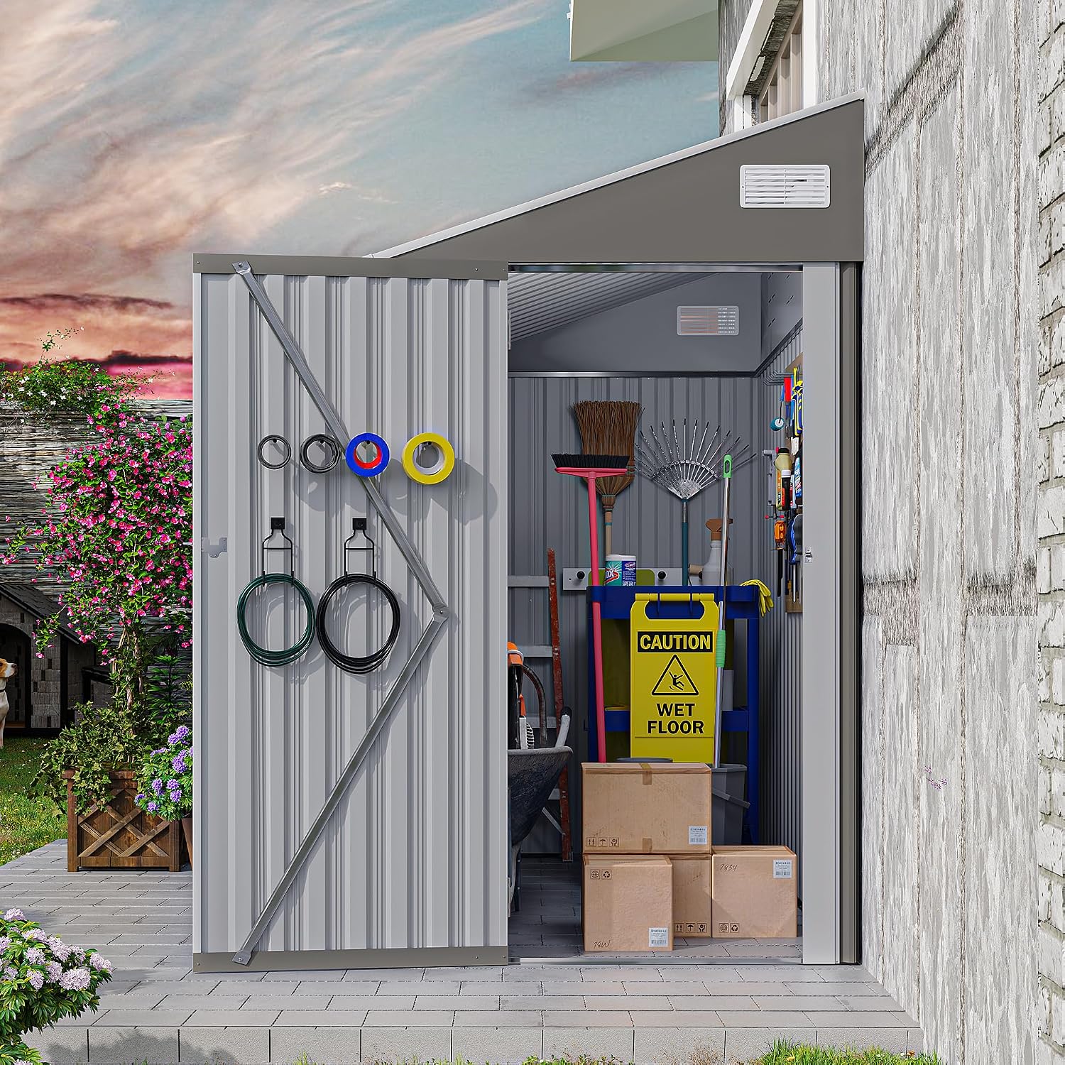 YOPTO 4x8 FT Outdoor Metal Storage Shed,Waterproof Lean to Tool Sheds,Heavy-Duty Unit with Single Hinge Side Door and Ventilation Windows,Weather Resistant,for Backyard,Patio,Lawn,Dark Gray
