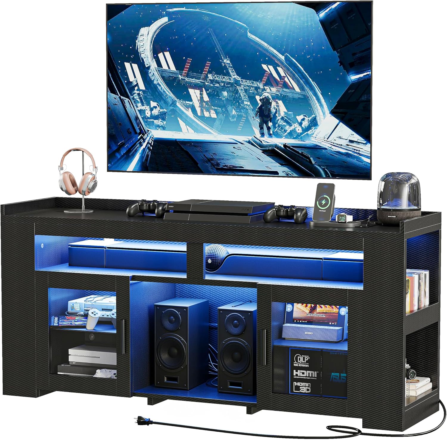 IRONCK TV Stand for TVs Up to 60' with Charging Station, LED Entertainment Center, Modern Carbon Fiber Media Console with Adjustable Glass Shelves & 2 Doors, Organize Your Gaming & Living Room, Black