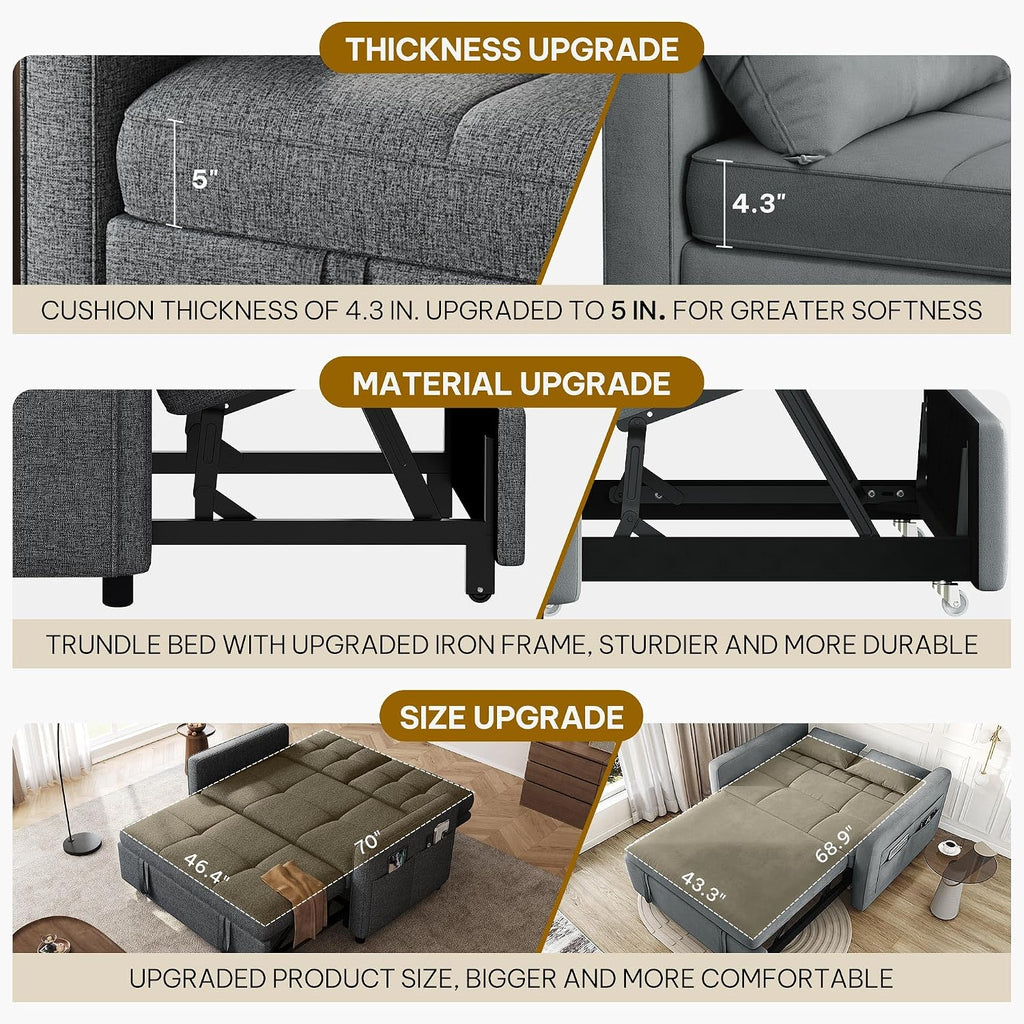 DWVO 55' Convertible Sofa Bed, 3-in-1 Sleeper Sofa with Pull-Out Bed, Linen Futon Couch with Adjustable Backrest and Side Pocket, Modern Loveseat for Living Room Apartment, Grey