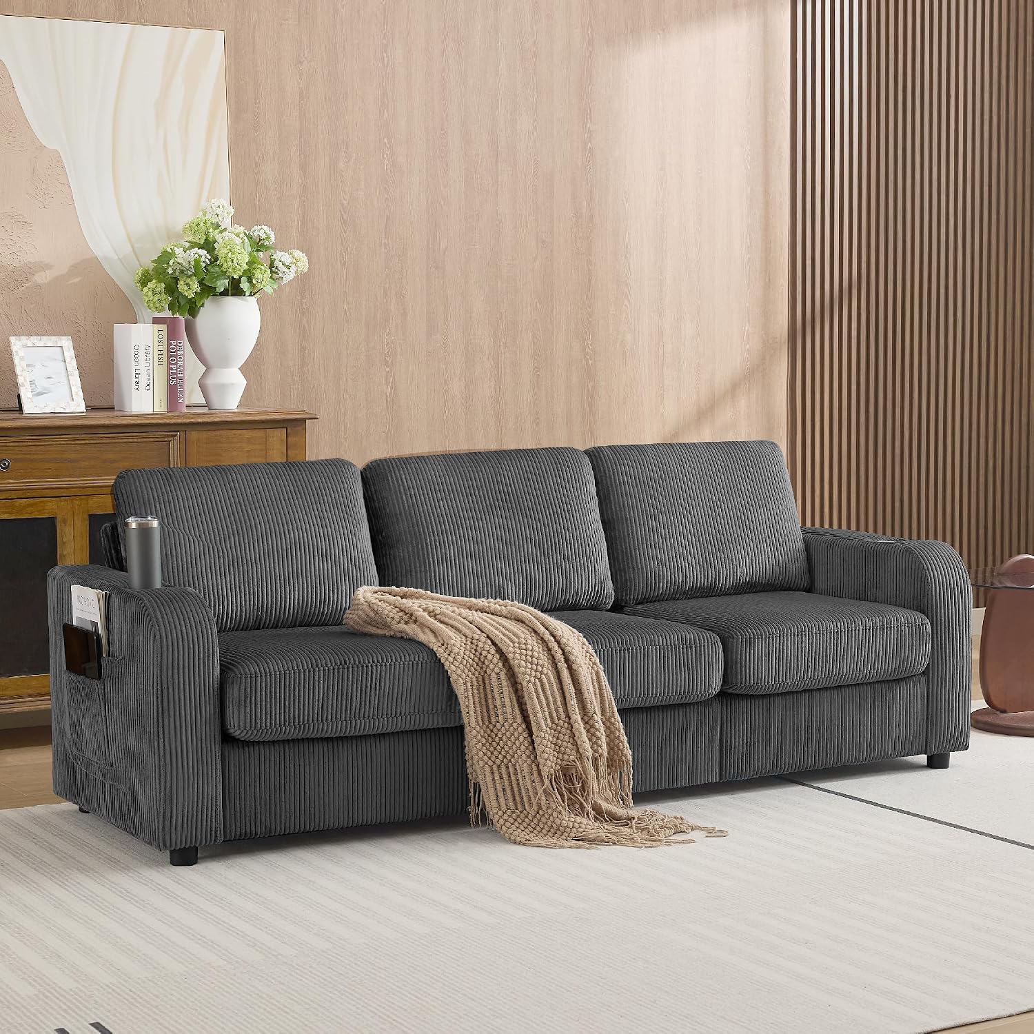 87.4' Oversized 3 Seater Couch, Upholstered Sofa for Living Room,Modern Deep Seat Comfy Love Seat Couch with Cup Holders,Corduroy Loveseat Sofa (Grey)