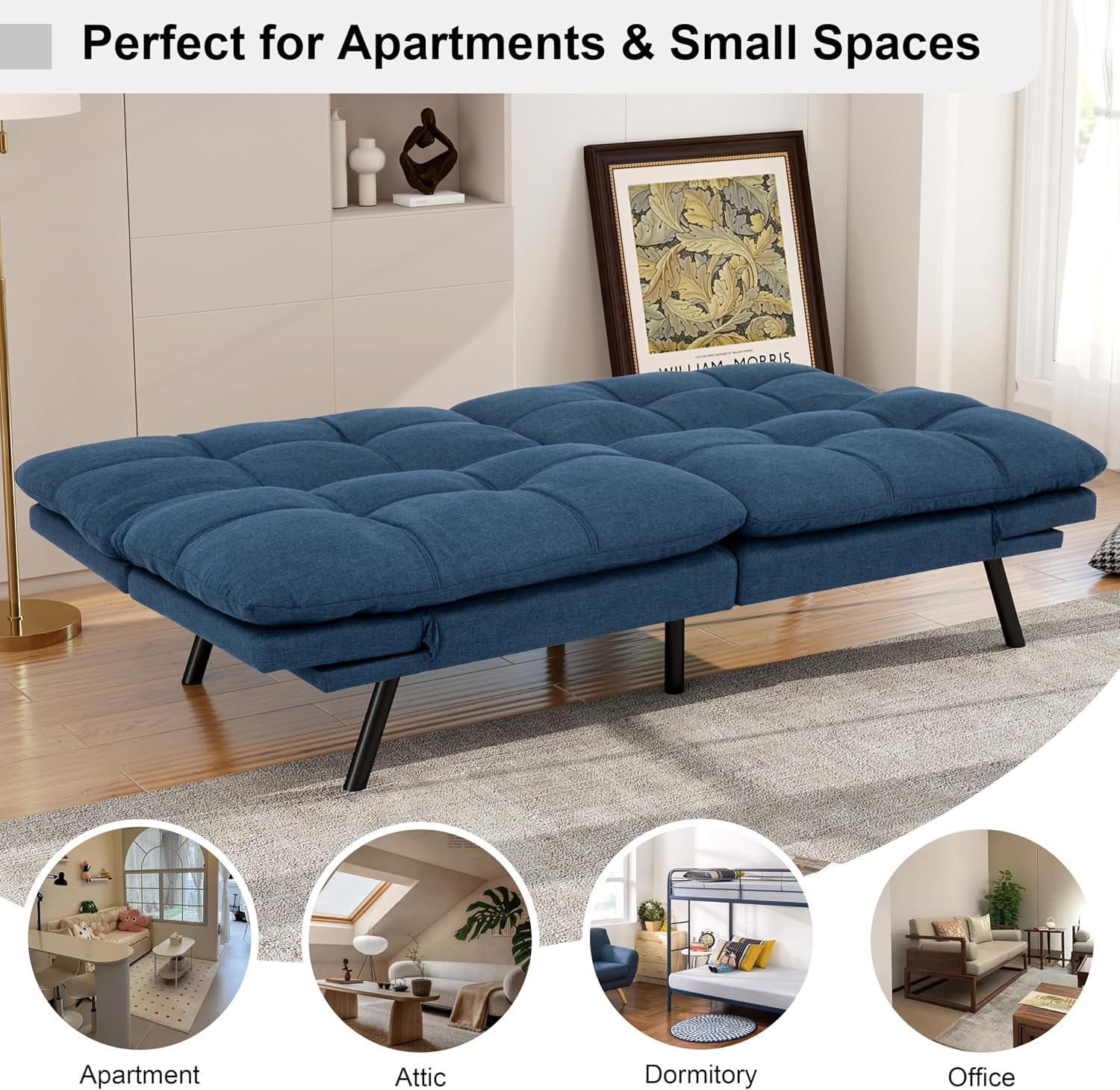 MUUEGM Futon Sofa Bed, 71' Comfortable Memory Foam Futon Sofa with Adjustable Backrest & Armrests,Convertible Folding Loveseat Recliner Sleeper Sofa Bed for Compact Living Room, Apartment, Office,Blue