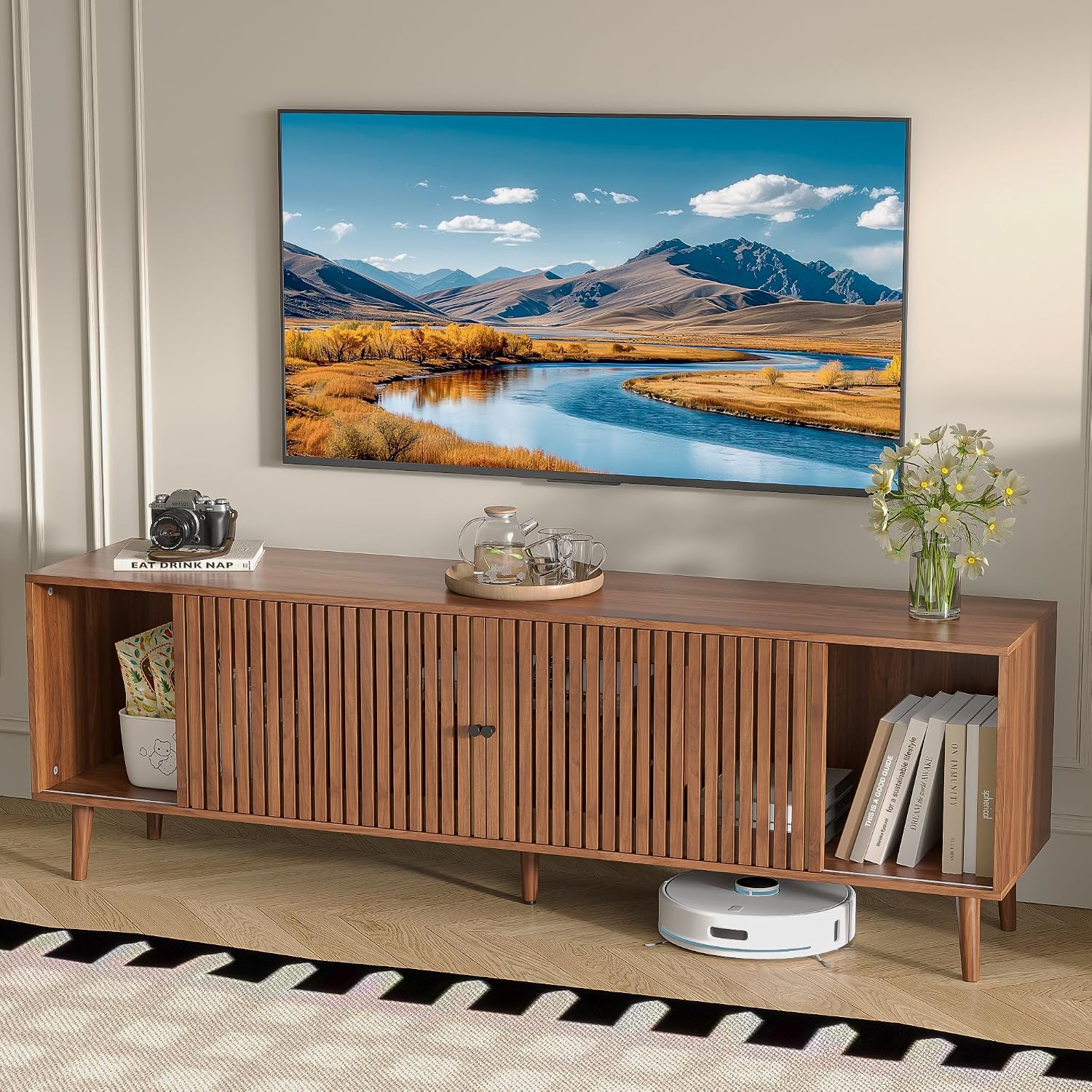 Oubayajia Mid Century Modern TV Stand for Televisions up to 70 Inches, with Sliding Doors and Storage, Television Stands, TV Consoles, Media Consoles for Living Room(Walnut-70inch)