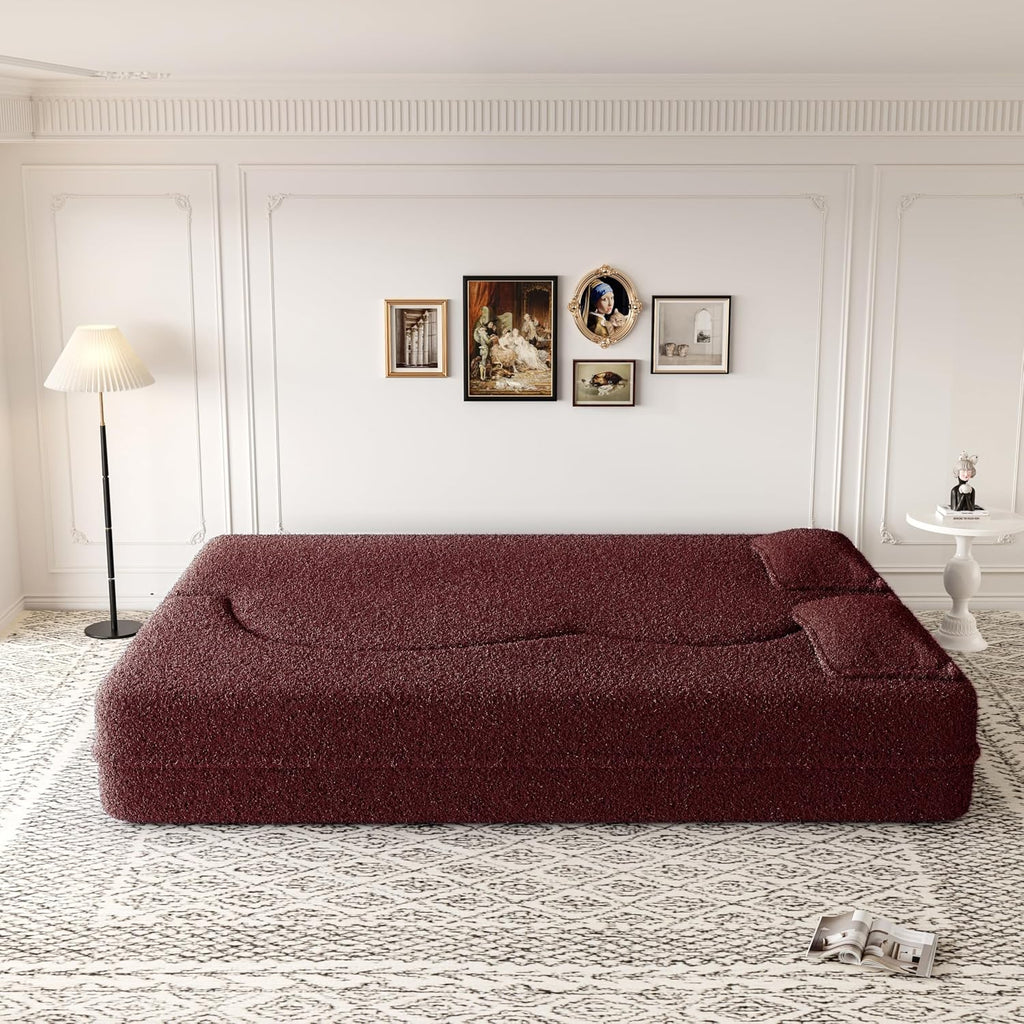 2-in-1 Folding Convertible Sofa Bed,78 Inch Convertible Boneless Couch with Pilow Foldable Matress, Teddy Loveseat Sleeper Pull Out Bed Floor Sofa Modular Futon Couch (Teddy, Burgundy)