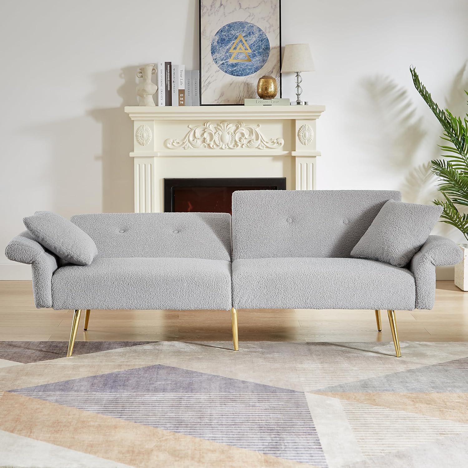 69.5' Grey Convertible Futon Sofa Bed with Adjustable Backrest and Armrests, Teddy Upholstered Loveseat Sleeper Couch with 2 Pillows and Metal Legs Love Seat for Guest Room Living Room (Grey)