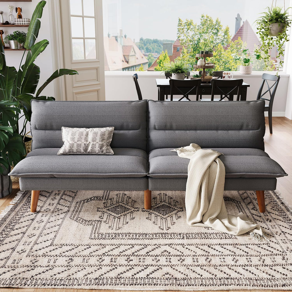 LINSY Futon Sofa Bed Couch Corduroy Futon with Adjustable Backrest Comfy Loveseat Convertible Folding Sleeper Sofa Couches for Small Spaces Living Room Apartment Office (Dark Grey)