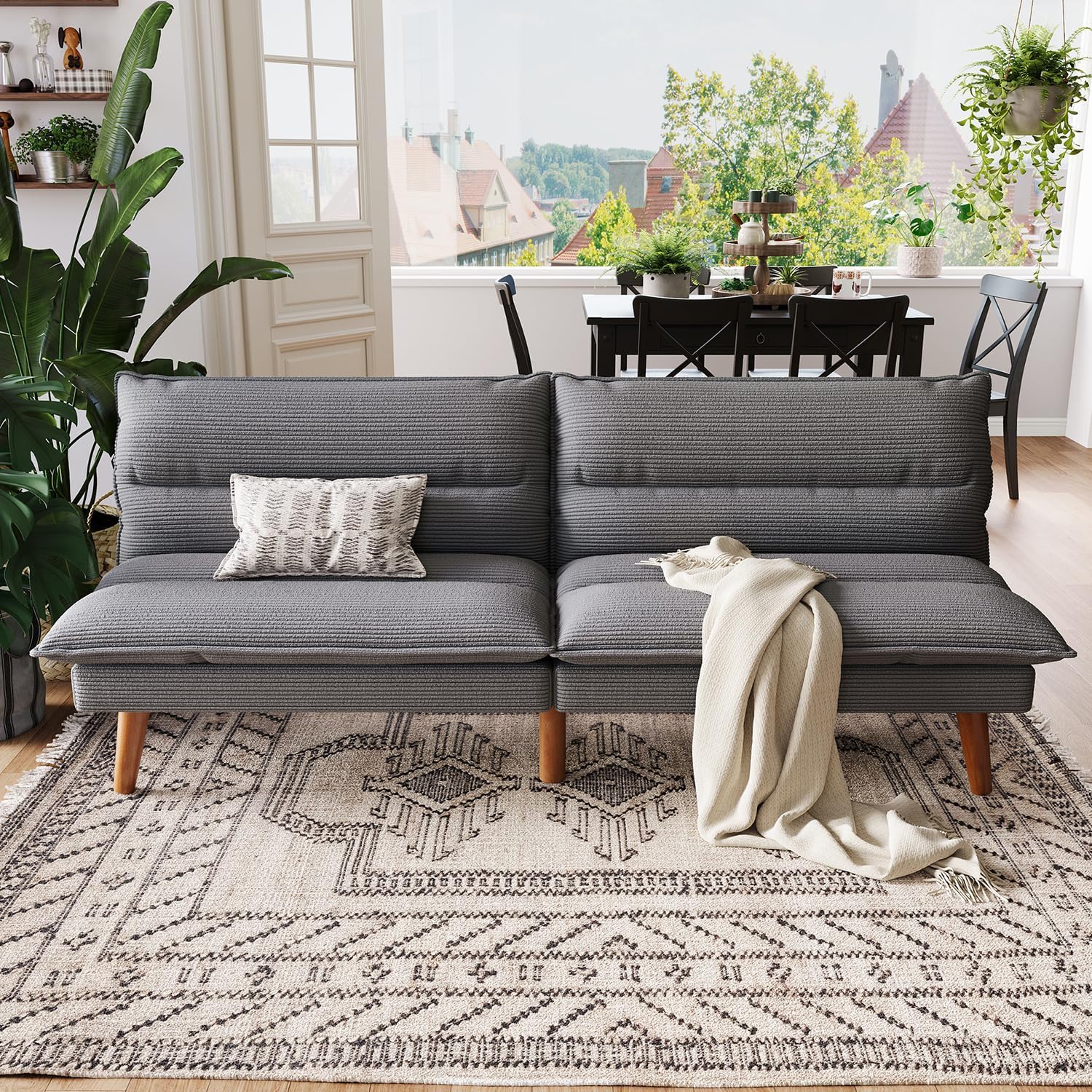 LINSY Futon Sofa Bed Couch Corduroy Futon with Adjustable Backrest Comfy Loveseat Convertible Folding Sleeper Sofa Couches for Small Spaces Living Room Apartment Office (Dark Grey)
