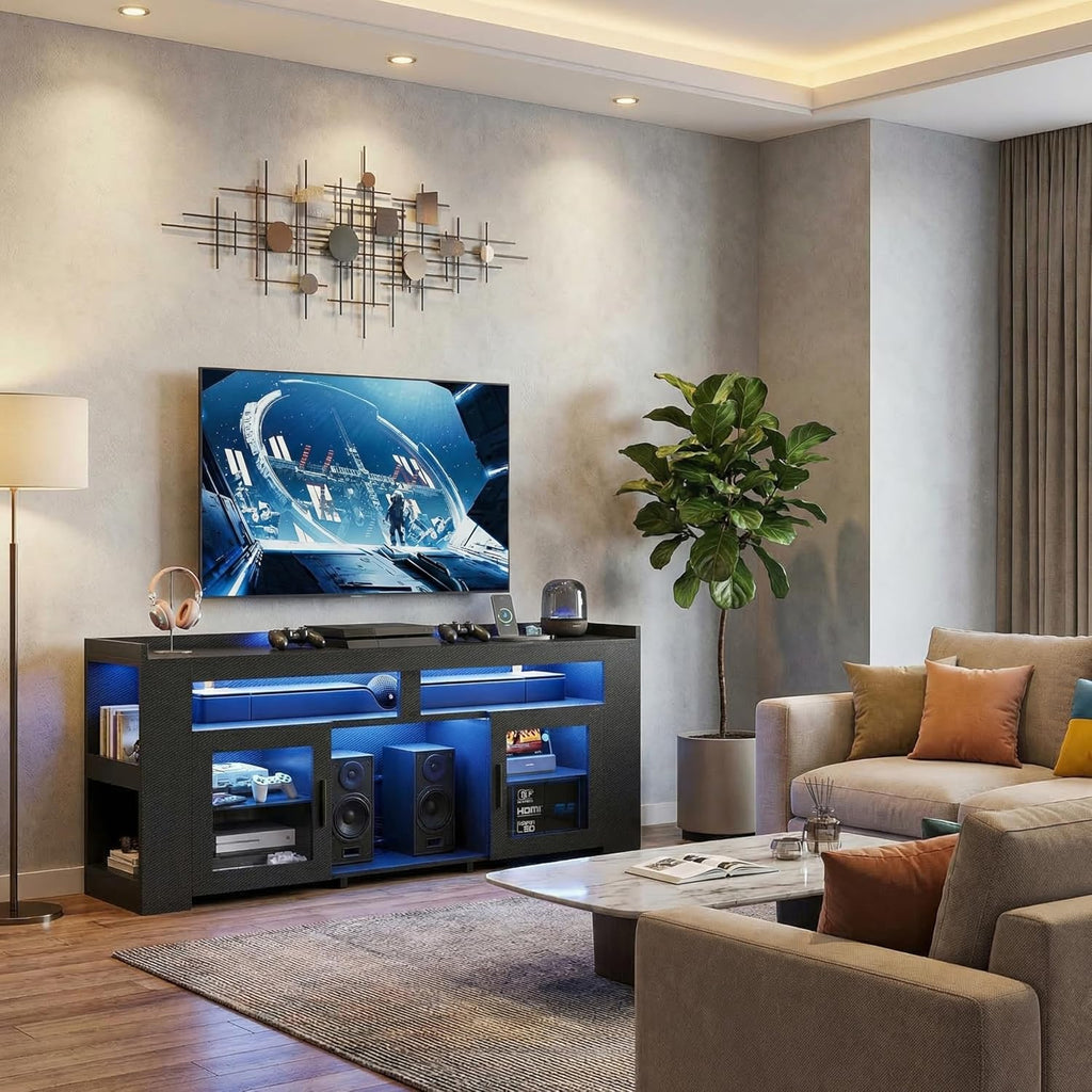 IRONCK TV Stand for TVs Up to 60' with Charging Station, LED Entertainment Center, Modern Carbon Fiber Media Console with Adjustable Glass Shelves & 2 Doors, Organize Your Gaming & Living Room, Black