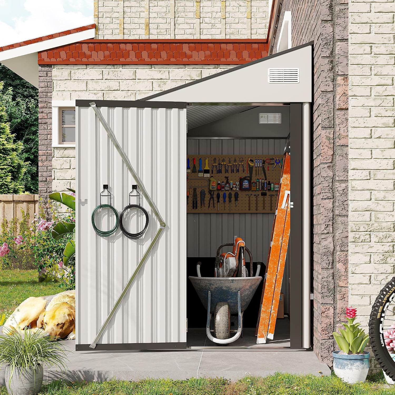 YOPTO 4x8 FT Outdoor Metal Storage Shed,Waterproof Lean to Tool Sheds,Heavy-Duty Unit with Single Hinge Side Door and Ventilation Windows,Weather Resistant,for Backyard,Patio,Lawn,White