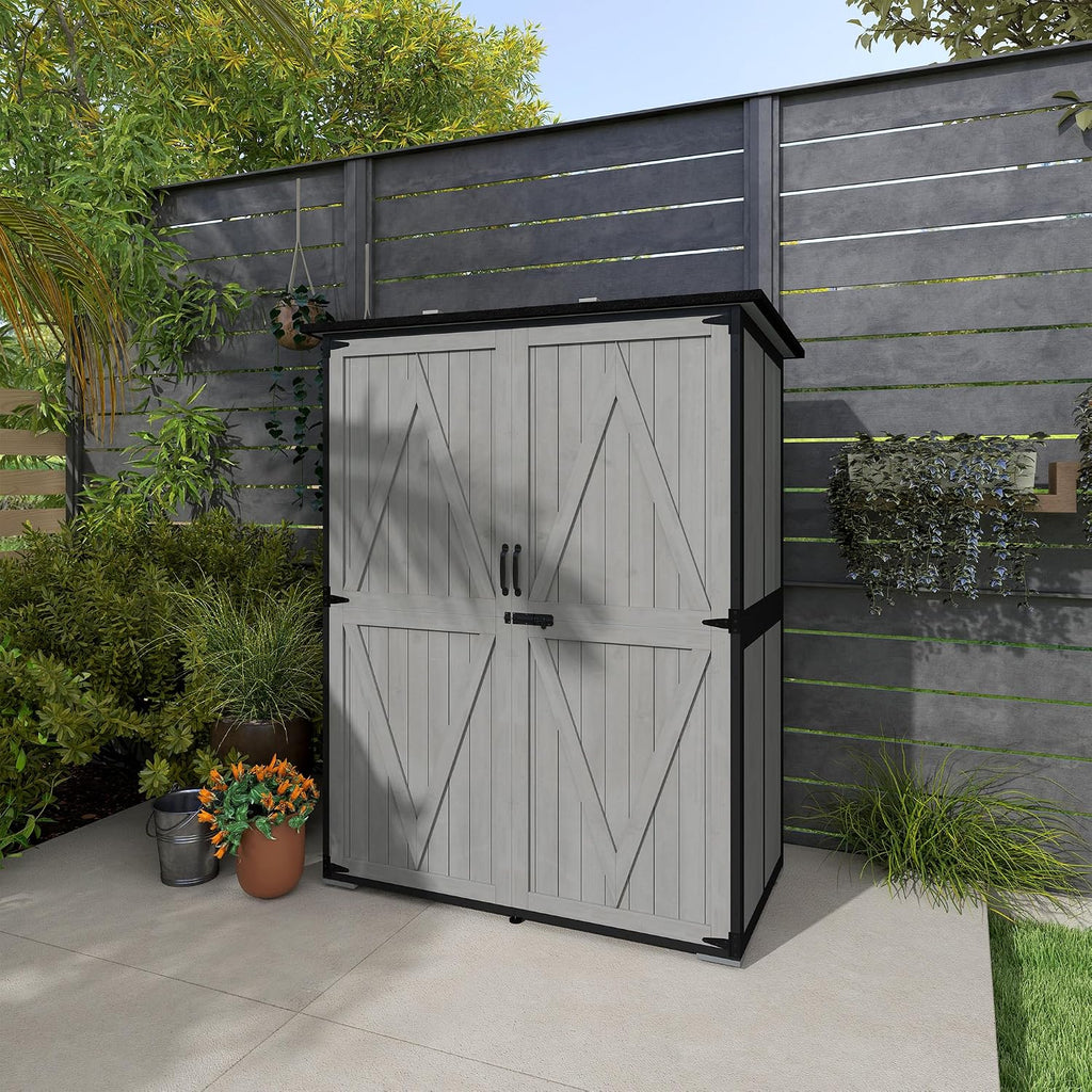 Outsunny Outdoor Storage Cabinet, Wood Garden Tool Shed with Steel Frame and Asphalt Roof, Garden Storage Shed with 2 Shelves, Lockable Doors and Adjustable Feet for Patio Backyard Lawn, Gray