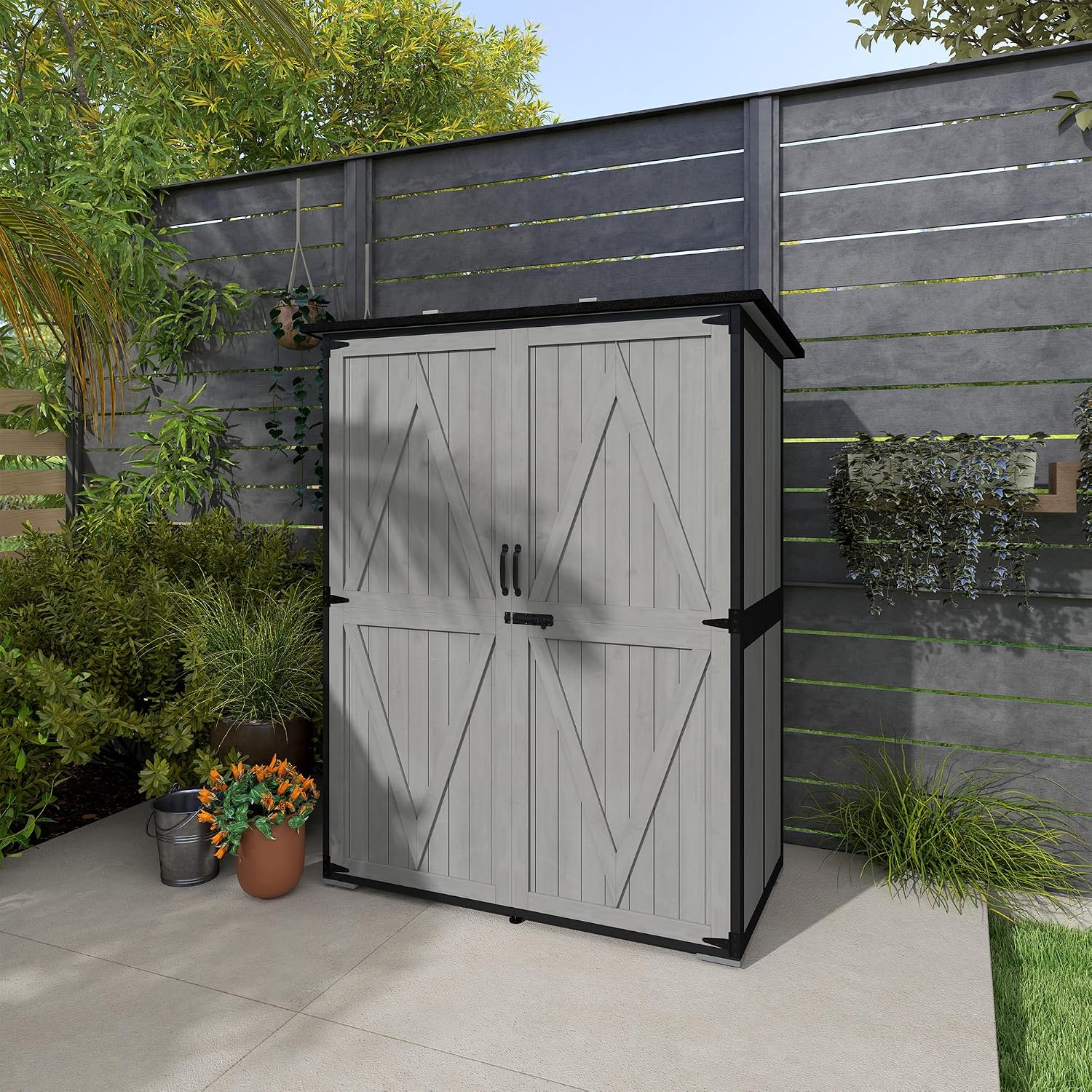 Outsunny Outdoor Storage Cabinet, Wood Garden Tool Shed with Steel Frame and Asphalt Roof, Garden Storage Shed with 2 Shelves, Lockable Doors and Adjustable Feet for Patio Backyard Lawn, Gray