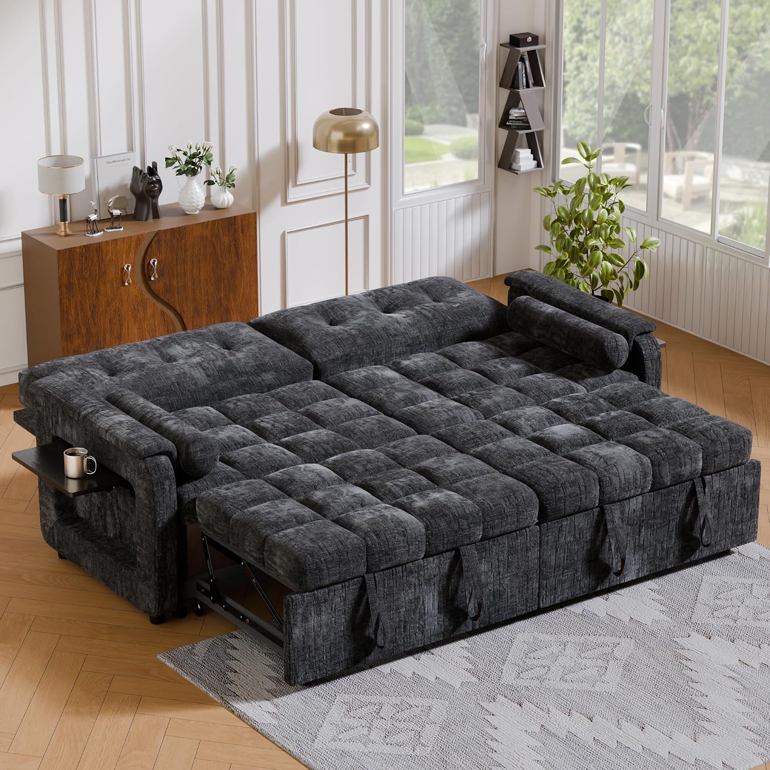 Convertible Sleeper Sofa Bed, 86 Inch Chenille Pull Out Couch with Side Table & Adjustable Backrest, Sectional Sleeper Sofa with Pull Out Bed for Living Room, Apartment, Black