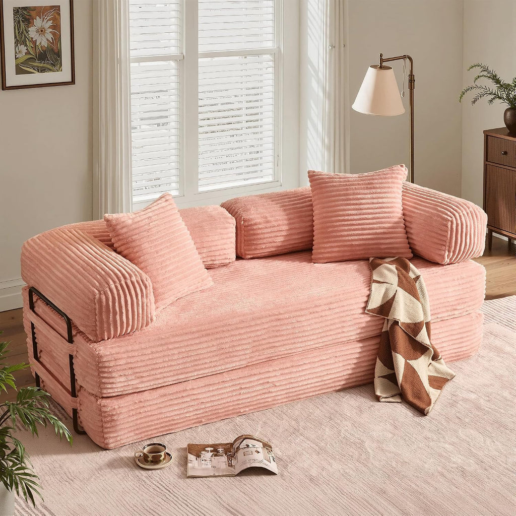 ovios 81' Folding Sofa Bed, Foldable Sleeper Boneless Couch with Pull Out Beds, Modular Convertible Floor Futon Loveseat Lounger for Living Room (Faux Fur, Pink)