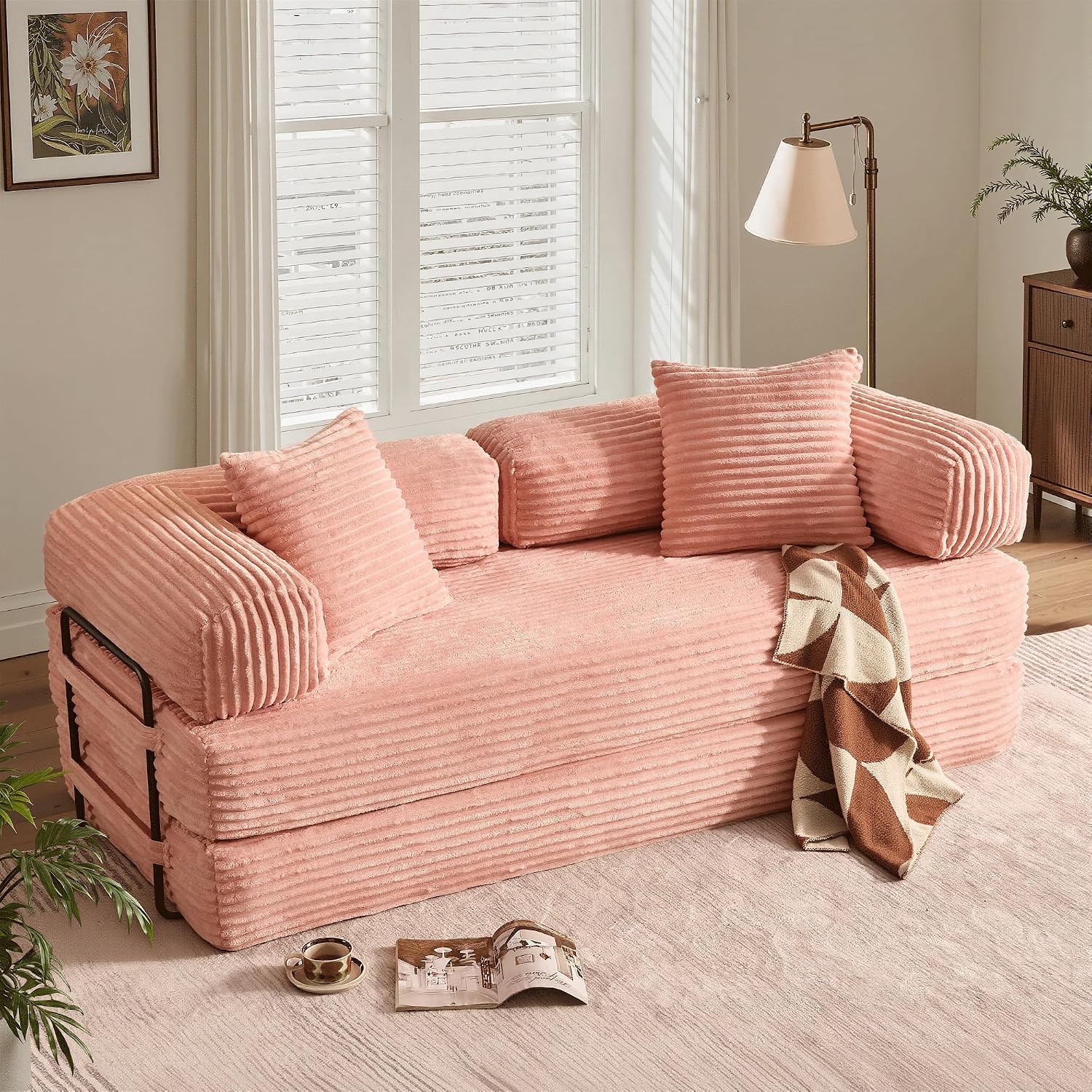ovios 81' Folding Sofa Bed, Foldable Sleeper Boneless Couch with Pull Out Beds, Modular Convertible Floor Futon Loveseat Lounger for Living Room (Faux Fur, Pink)