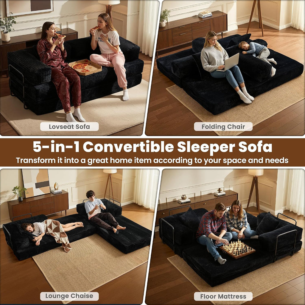 ovios 81' Folding Sofa Bed, Foldable Sleeper Boneless Couch with Pull Out Beds, Modular Convertible Floor Futon Loveseat Lounger for Living Room (Corduroy, Black)