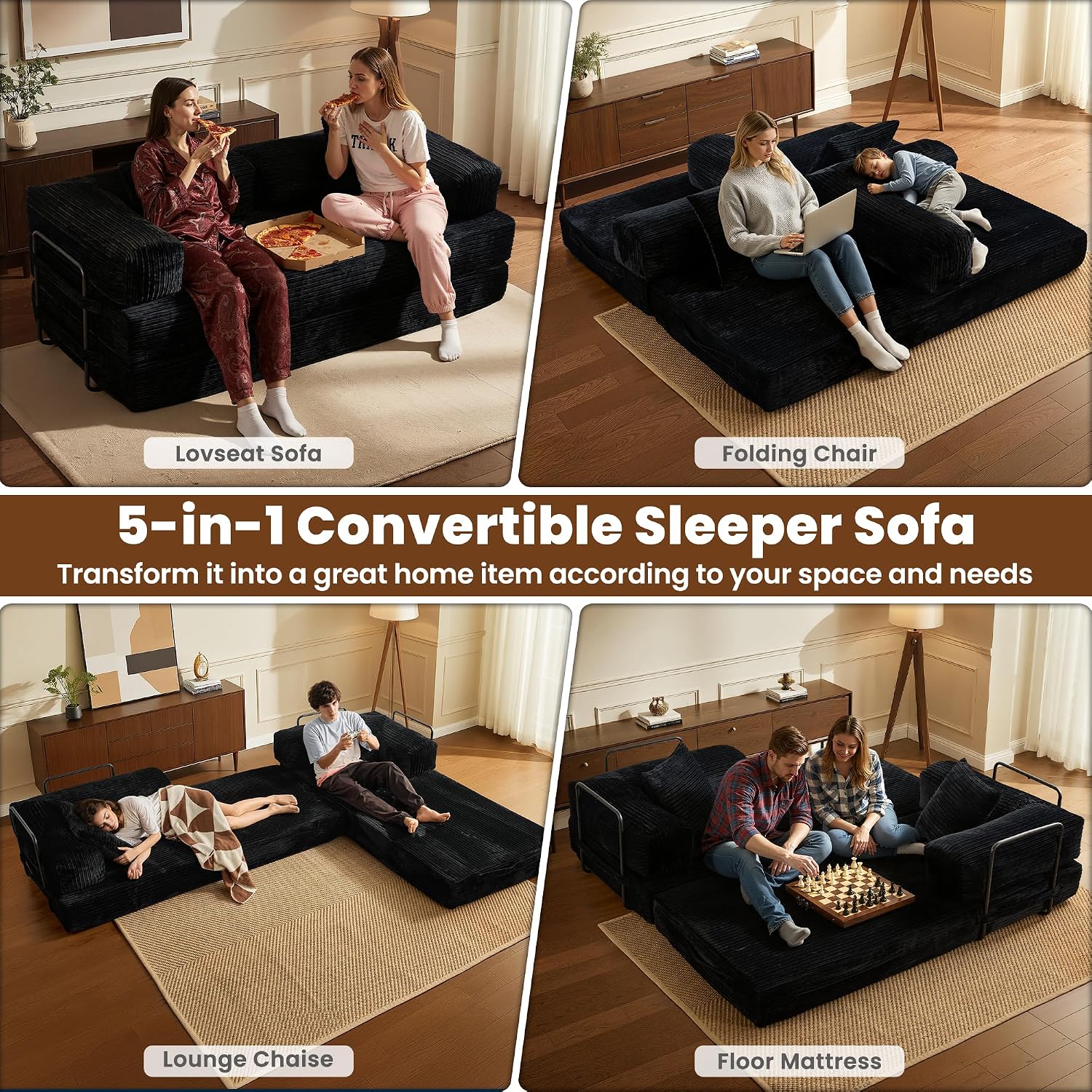 ovios 81' Folding Sofa Bed, Foldable Sleeper Boneless Couch with Pull Out Beds, Modular Convertible Floor Futon Loveseat Lounger for Living Room (Corduroy, Black)