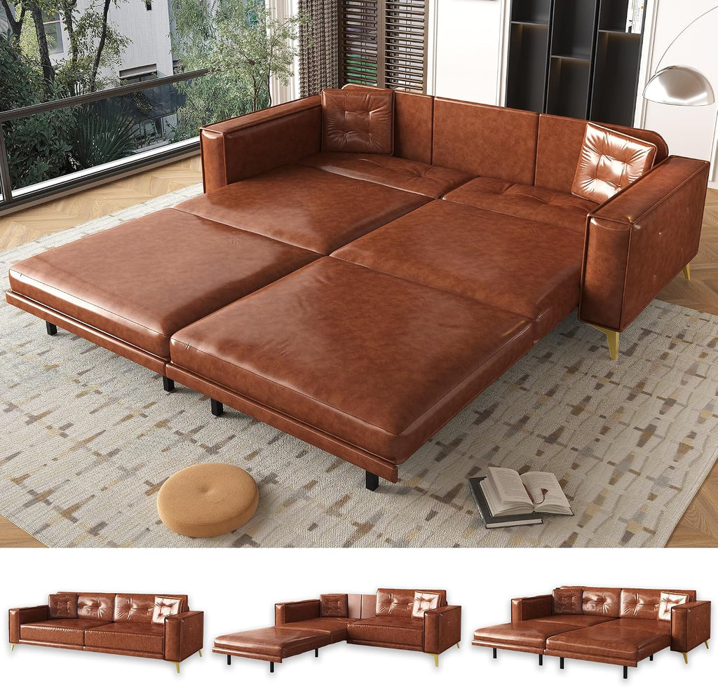92.1'' Pull Out Sofa Bed King, Faux Leather Futon Couch, 3-in-1 Convertible Sleeper Sofa with Tufted Back, Gold Furniture Legs, Deep Loveseat for Living Room, Apartment, Office, Light Brown