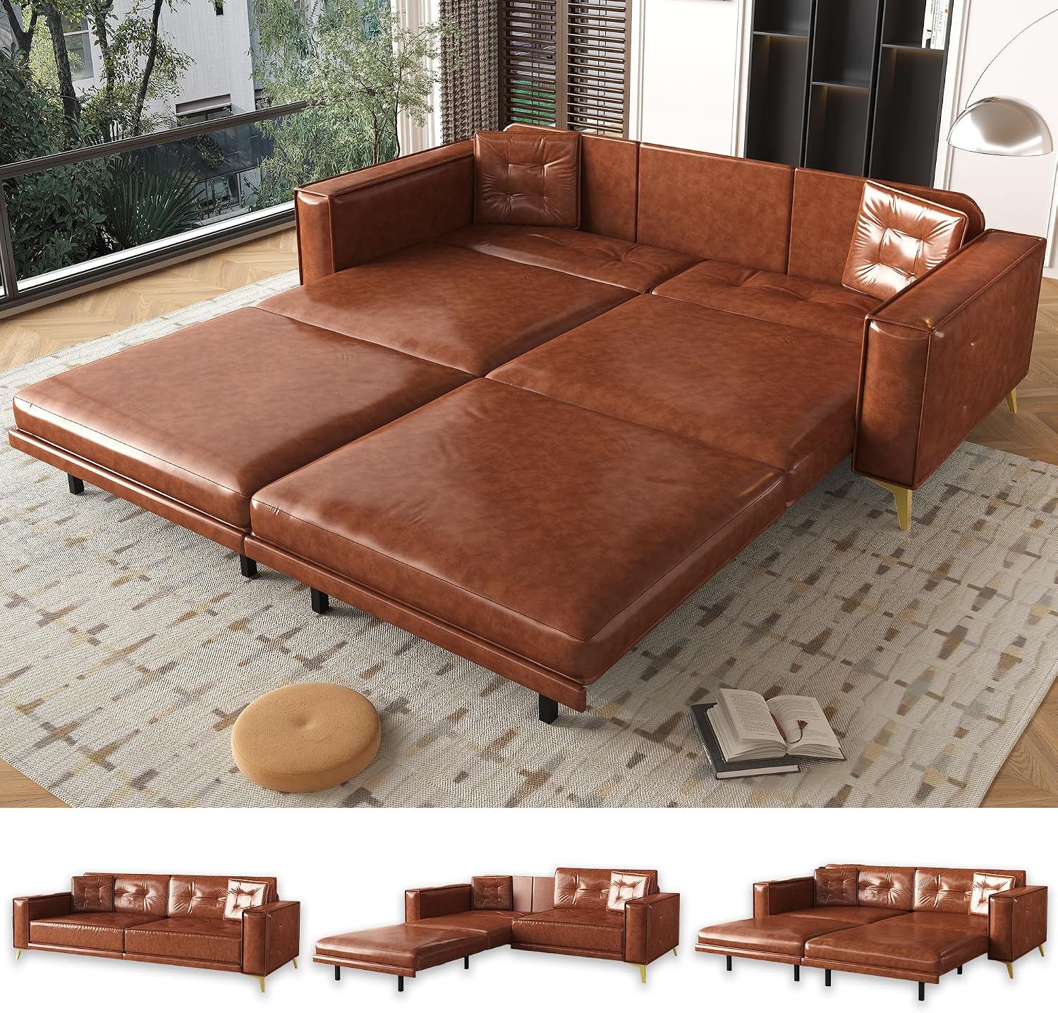 92.1'' Pull Out Sofa Bed King, Faux Leather Futon Couch, 3-in-1 Convertible Sleeper Sofa with Tufted Back, Gold Furniture Legs, Deep Loveseat for Living Room, Apartment, Office, Light Brown