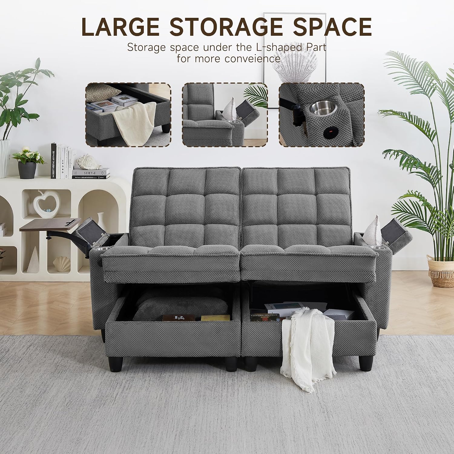 70.9' Chaise Lounge Chair Indoor, Oversized Boucle Upholstered Sofa Bed, Adjustable Backrest Deep Seat Reading Chair, Sofas Couches for Living Room with Storage, Cup Holders and 360° Swivel Side Table