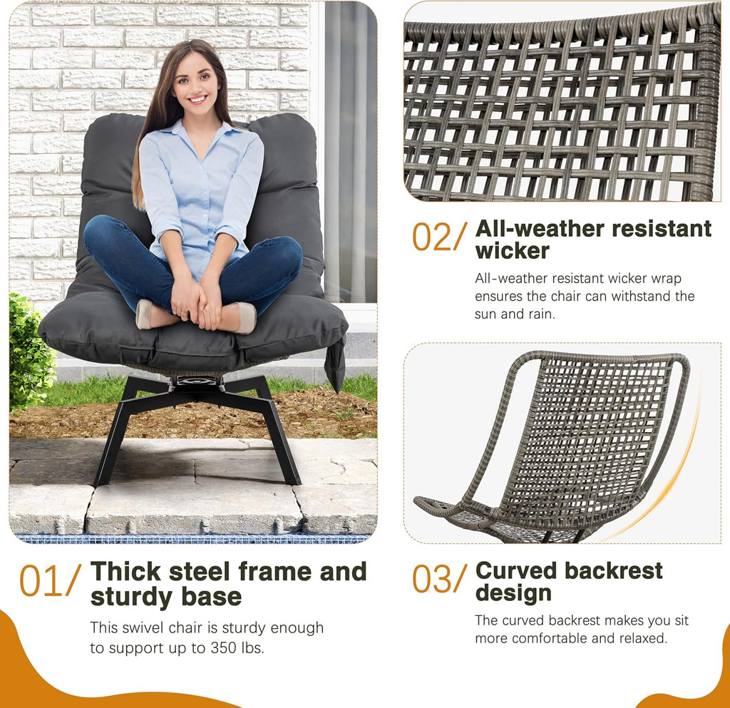 Shintenchi Outdoor Wicker Swivel Chair,Grey Rattan Patio Rotating Chair with Cushion,360° Rotation Patio Lounge Chairs for Living Room Bedroom Backyard Balcony(Grey Cushion)
