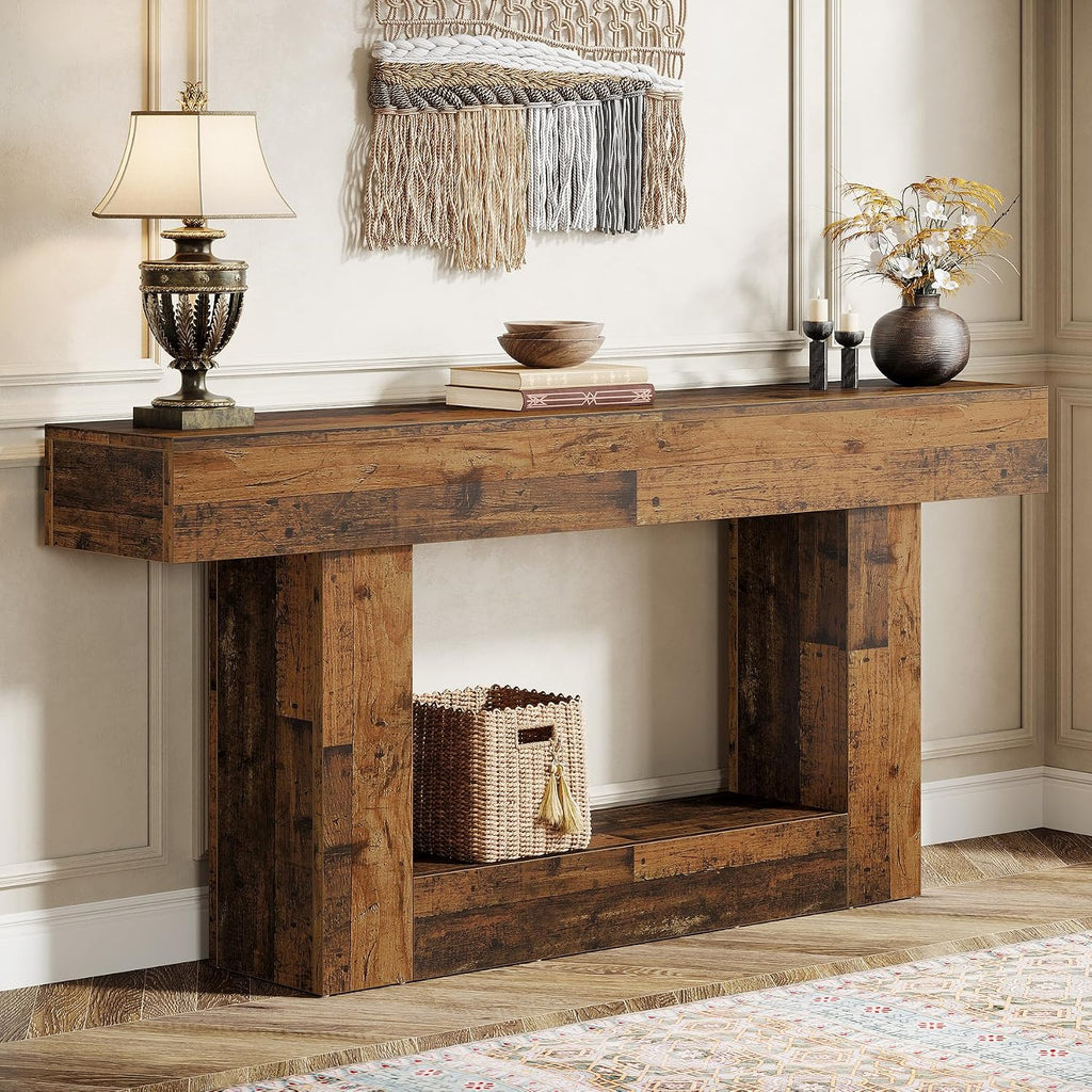 Tribesigns 63' Console Table, Farmhouse 2-Tier Entryway Table with U-Shaped Base, Narrow Long Wood Sofa Table Behind Couch Table for Living Room, Hallway, Foyer, Mix Brown