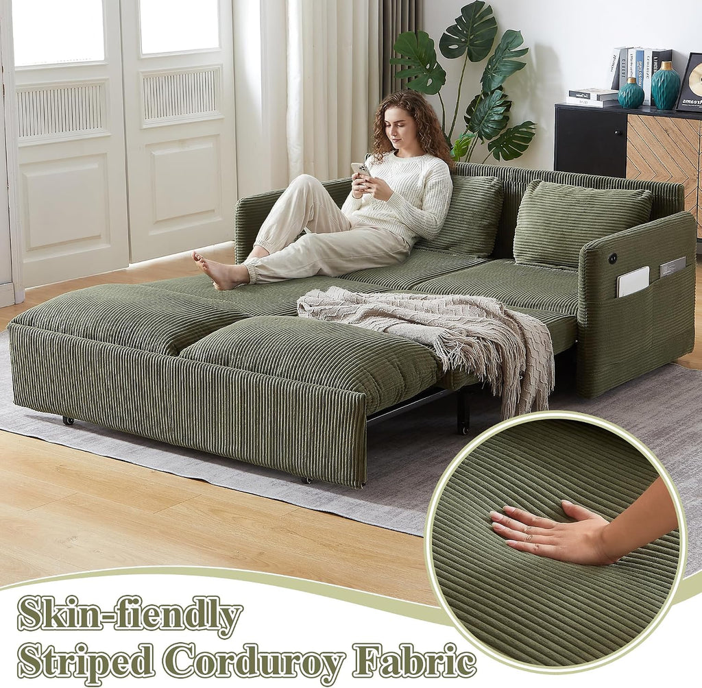 CAPCAEK Queen Size Pull Out Couch, Sleeper Sofa Bed Queen with USB, Storage Pockets & Pillows, 3-in-1 Modern Convertible Loveseat Couch Bed for Living Room Bedroom, Office, Apartment, Corduroy(Green)