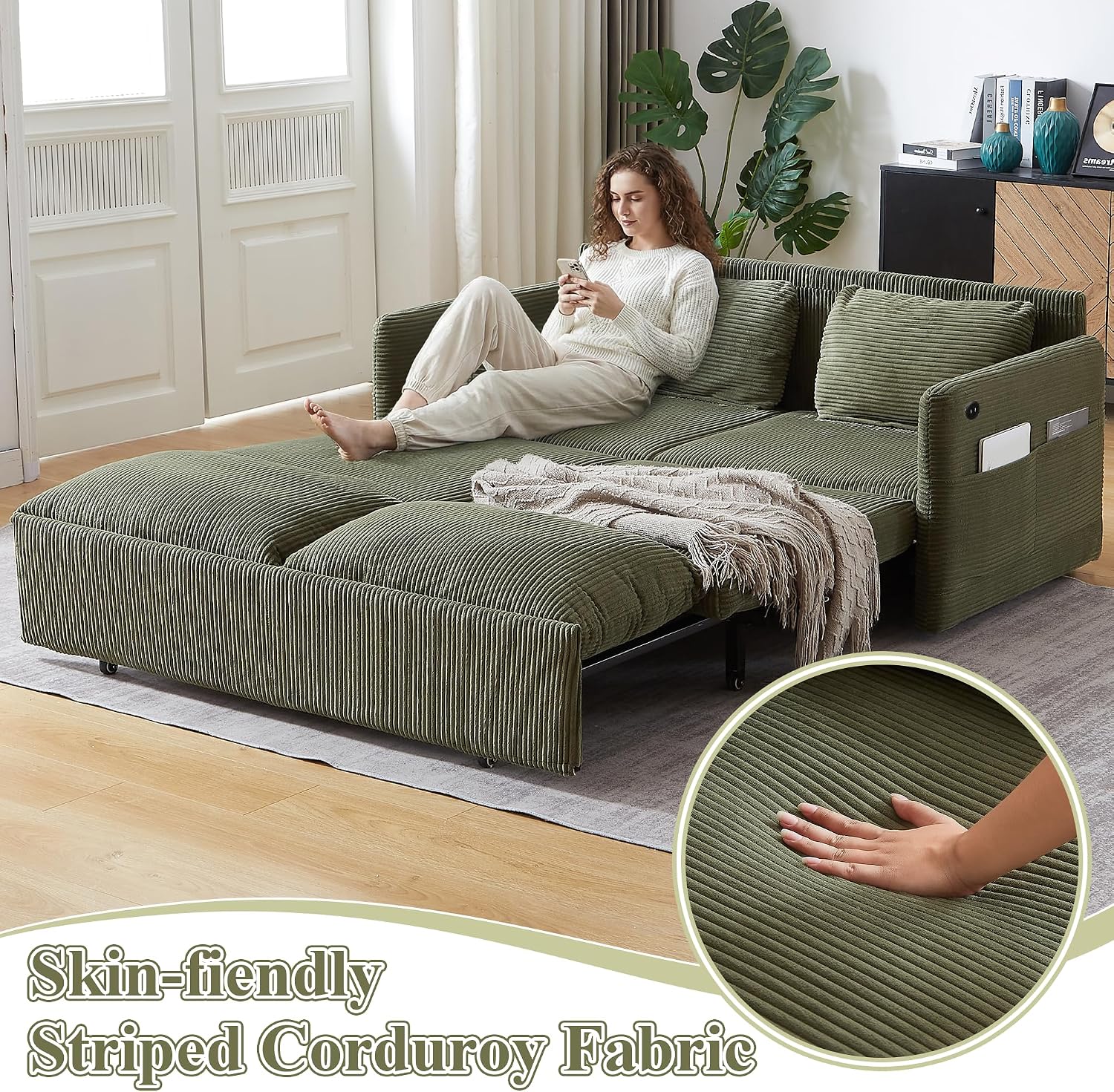 CAPCAEK Queen Size Pull Out Couch, Sleeper Sofa Bed Queen with USB, Storage Pockets & Pillows, 3-in-1 Modern Convertible Loveseat Couch Bed for Living Room Bedroom, Office, Apartment, Corduroy(Green)
