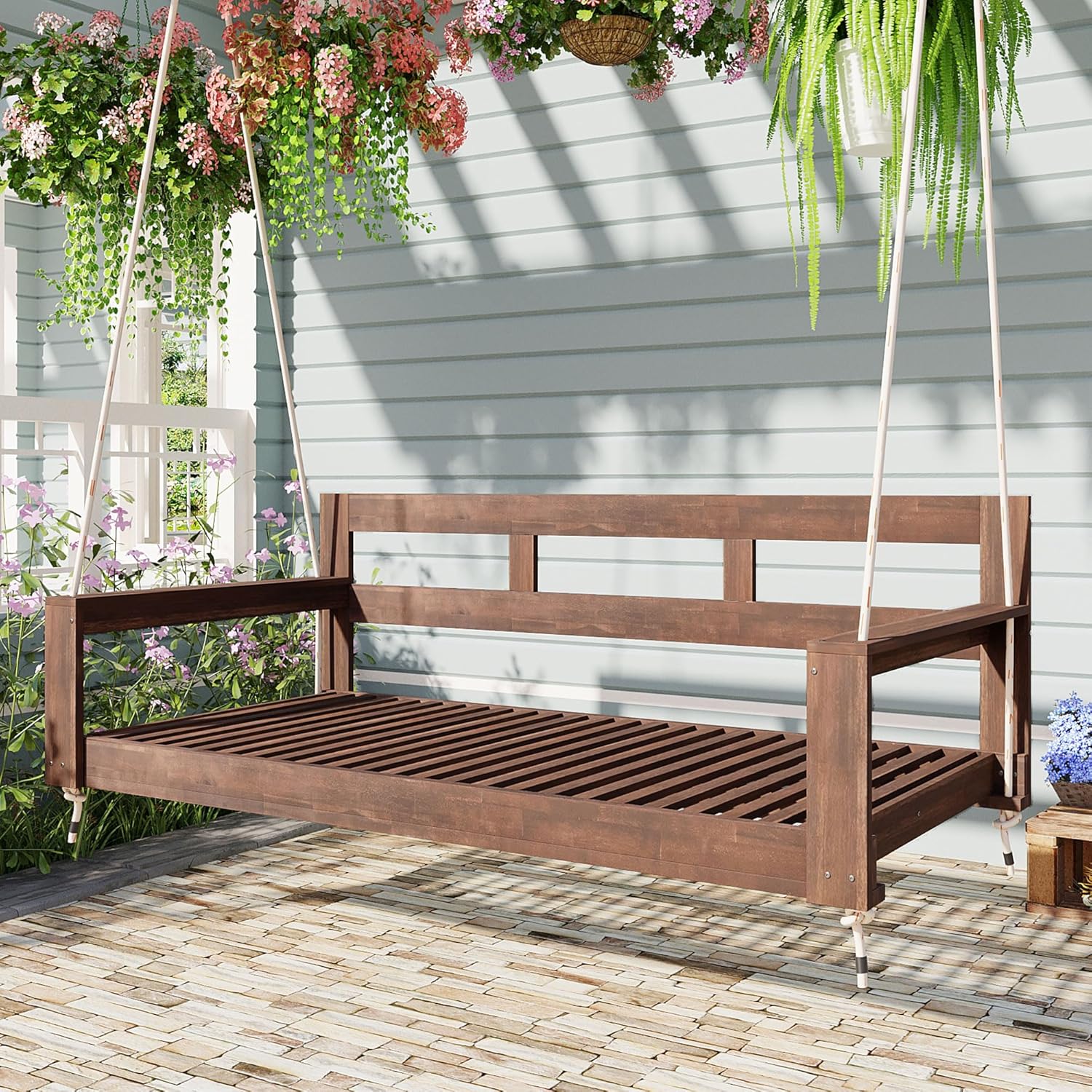 Harper & Bright Designs Patio Wooden Twin Size Porch Swing Daybed Frame, Garden Swing Bench Chair with 4 Hanging Ropes for Backyard,Outdoor,Brown