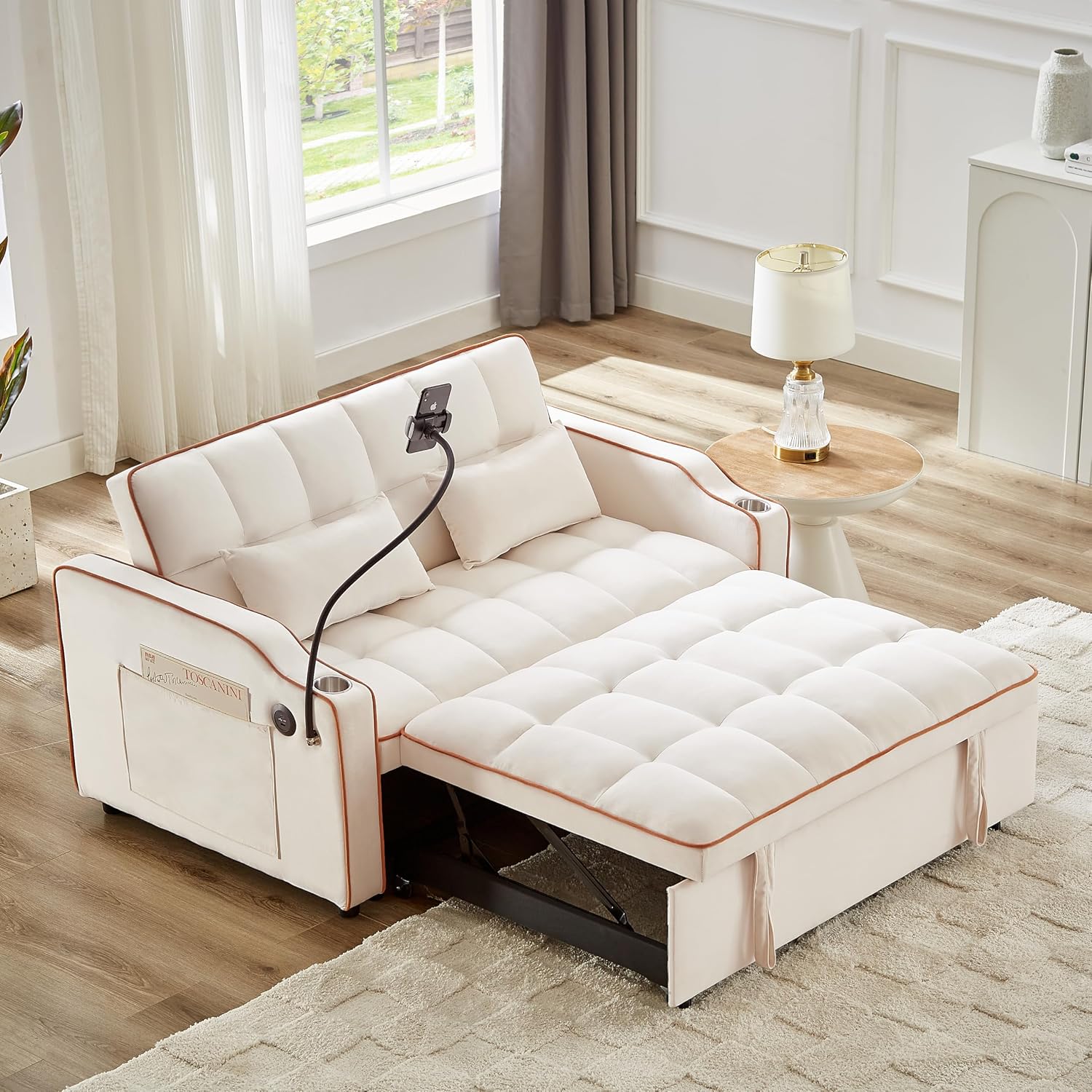 SLEERWAY 3-in-1 Convertible Futon Sofa Bed Chair, Multi-Functional Sleeper Chair Bed with Pull Out Couch and Adjustable Backrest, Modern Velvet Chaise Lounge Loveseat for Living Room Bedroom, Beige