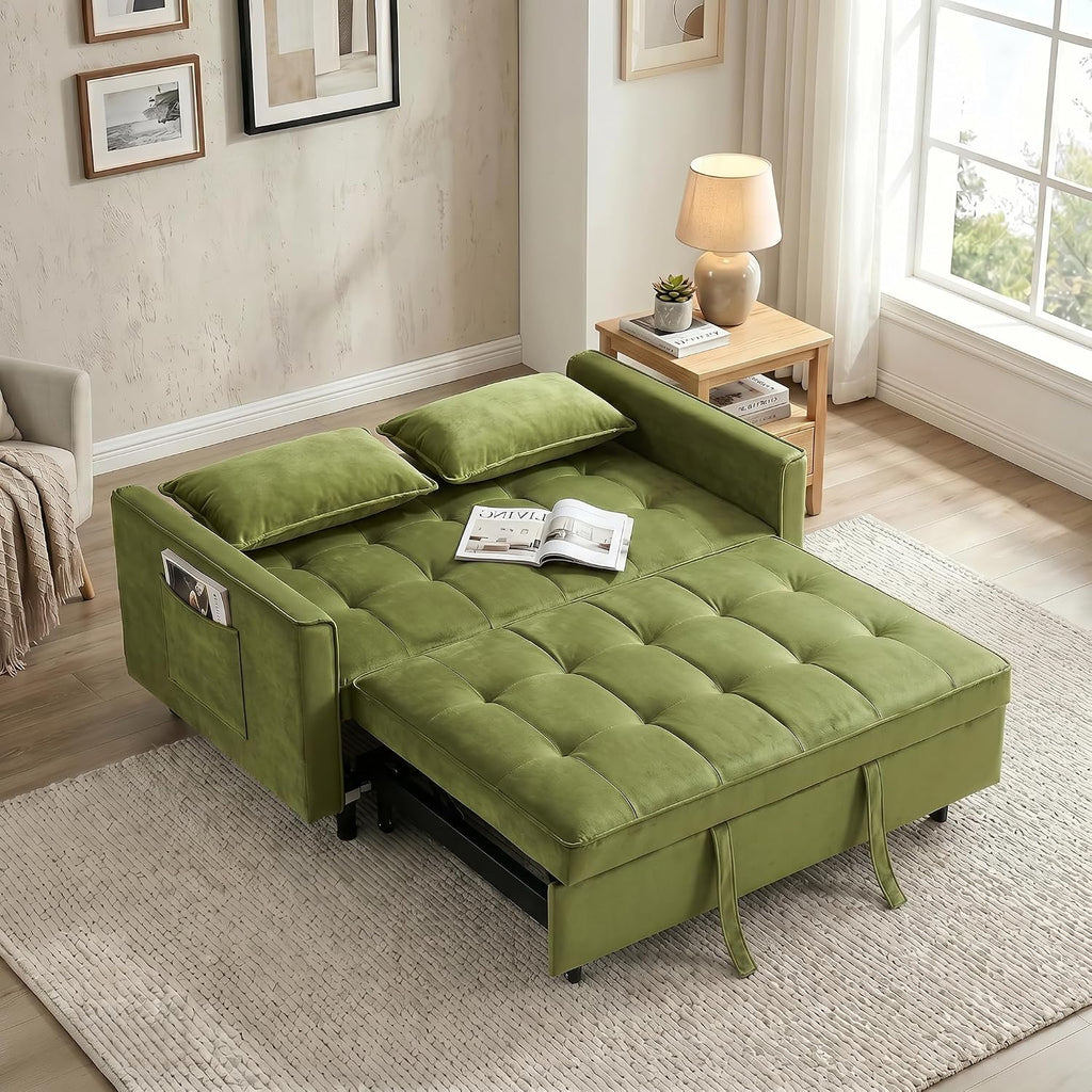 3 in 1 Convertible Sofa Bed, Loveseat Sleeper Sofa with Large Side Pockets, Pull Out Couch with Adjustable Backrest, Easy Assembly, Velvet Couch Bed for Small Spaces, Apartment, Green