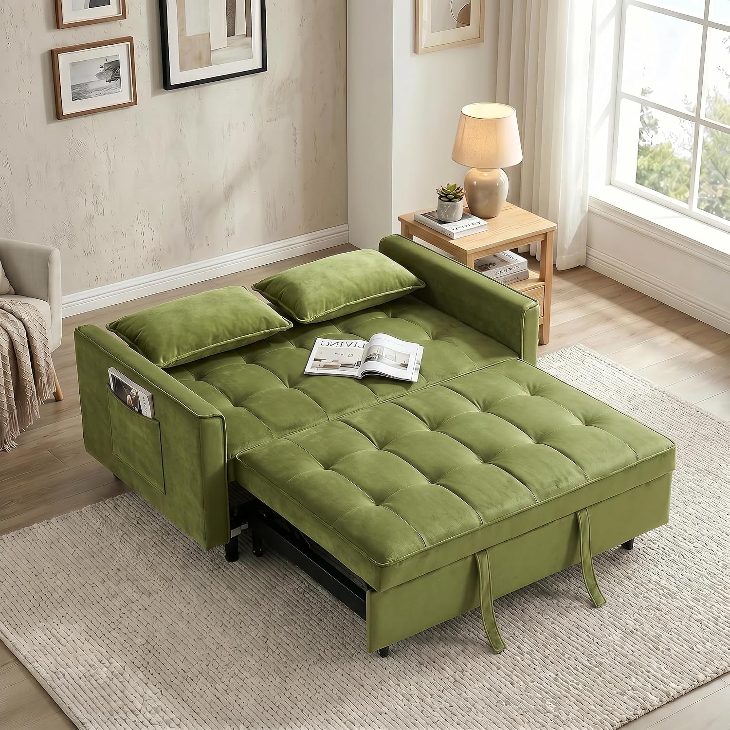 3 in 1 Convertible Sofa Bed, Loveseat Sleeper Sofa with Large Side Pockets, Pull Out Couch with Adjustable Backrest, Easy Assembly, Velvet Couch Bed for Small Spaces, Apartment, Green