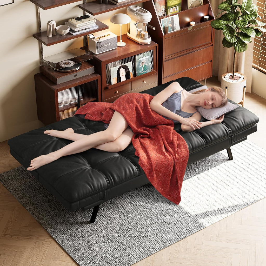 Opoiar 71' L Covertible Futon Sofa Bed,Faux Leather Futon Couch, Memory Foam Modern Loveseat Sleeper, Small Splitback Sofa Couches for Living Room,RV,Home Office,Apartment,Matte Black