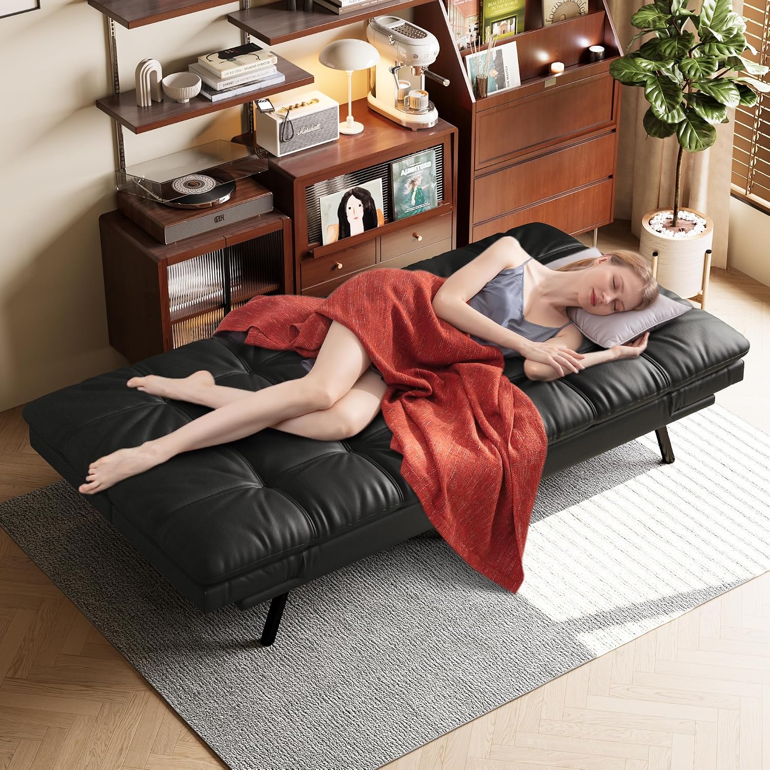 Opoiar 71' L Covertible Futon Sofa Bed,Faux Leather Futon Couch, Memory Foam Modern Loveseat Sleeper, Small Splitback Sofa Couches for Living Room,RV,Home Office,Apartment,Matte Black