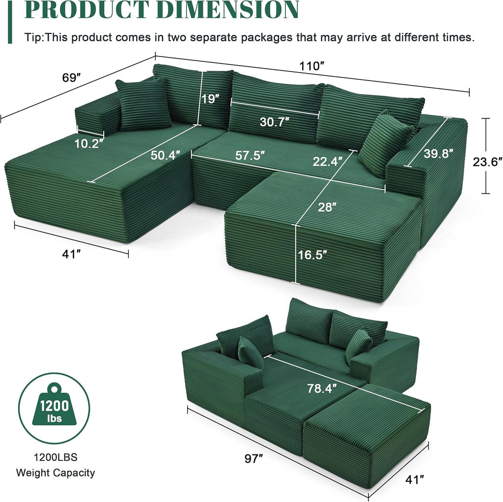 Mangodan 110' Cloud Sectional Couch, Modular Sectional Sofa with Deep Seat, Boneless Sofa for Living Room, Fluffy Comfy U-Shaped Couch with Left Facing Chaise, No Assembly Required, Green
