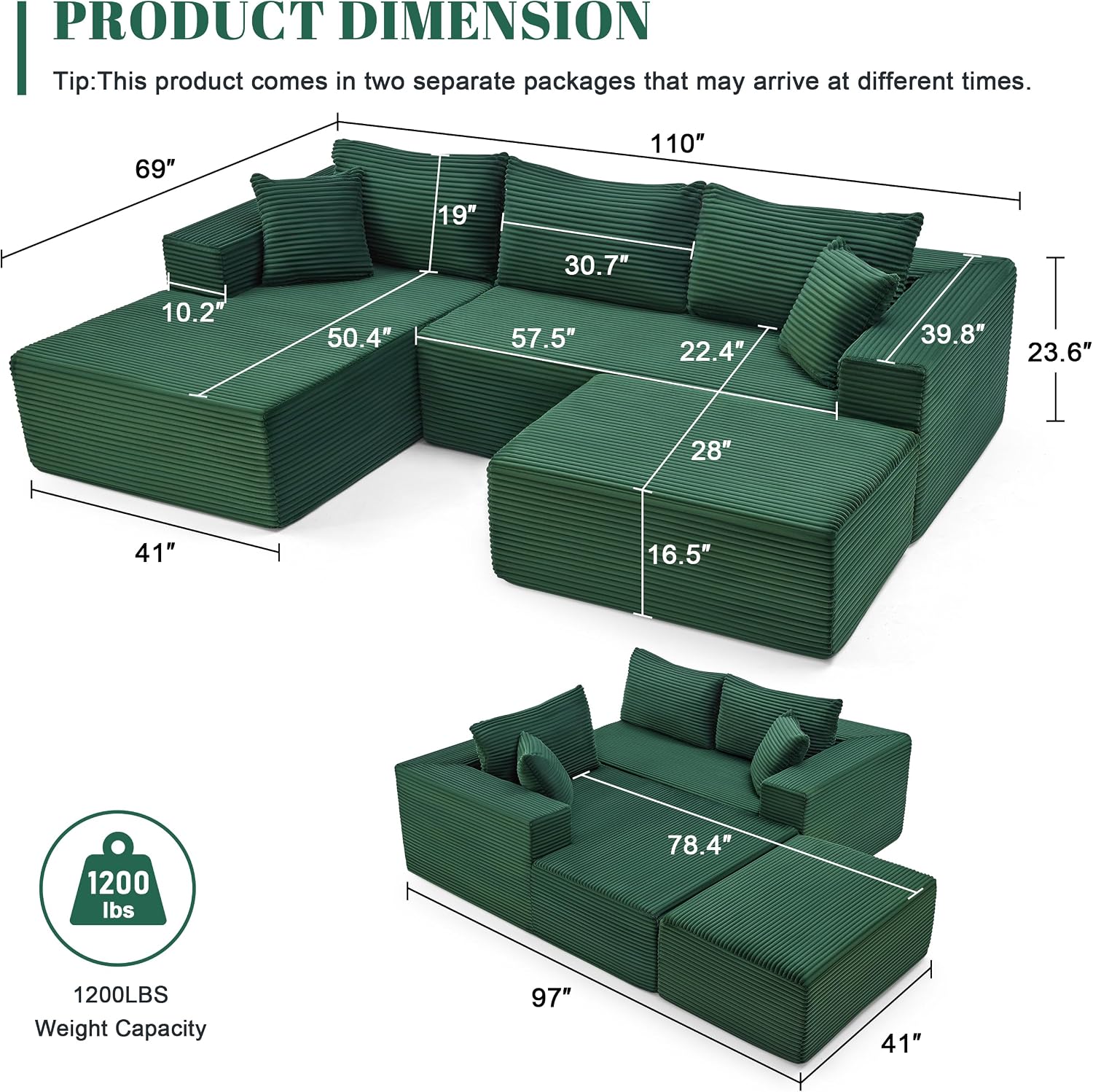 Mangodan 110' Cloud Sectional Couch, Modular Sectional Sofa with Deep Seat, Boneless Sofa for Living Room, Fluffy Comfy U-Shaped Couch with Left Facing Chaise, No Assembly Required, Green