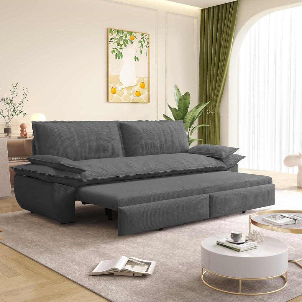 73.2' Sofa Bed Queen, 3-in-1 Pull Out Sofa Bed with Pillow Armrest, Modern Corduroy Convertible Sleeper Futon Sofa for Living Room Small Space, Apartment, Bedroom, Grey
