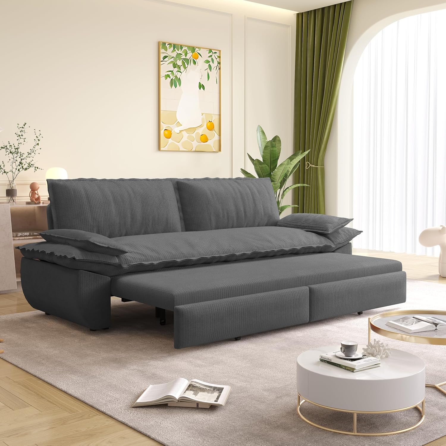 73.2' Sofa Bed Queen, 3-in-1 Pull Out Sofa Bed with Pillow Armrest, Modern Corduroy Convertible Sleeper Futon Sofa for Living Room Small Space, Apartment, Bedroom, Grey