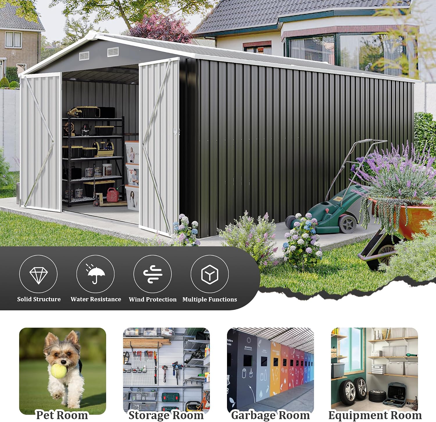 10x14 FT Outdoor Metal Storage Shed with Lockable Door, Steel Garden Utility Shed with Vents, Backyard Patio Tool Shed for Lawn Equipment, Bike, Firewood and Mower Storage, Gray