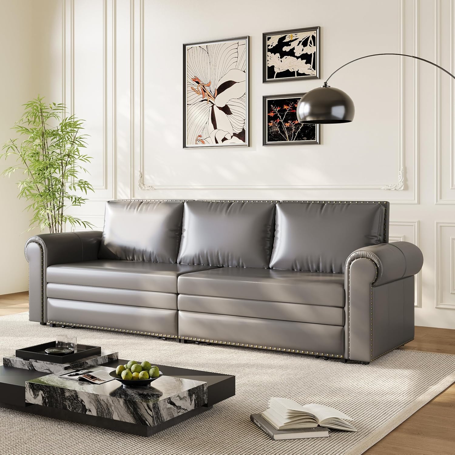 93.7' King Pull Out Sofa Bed, Faux Leather Sleeper Sofa Couch, 3 in 1 Convertible Futon Couches for Living Room, Small Space, Apartment, Office, Bedroom, Modern Rivet Armrest, Grey
