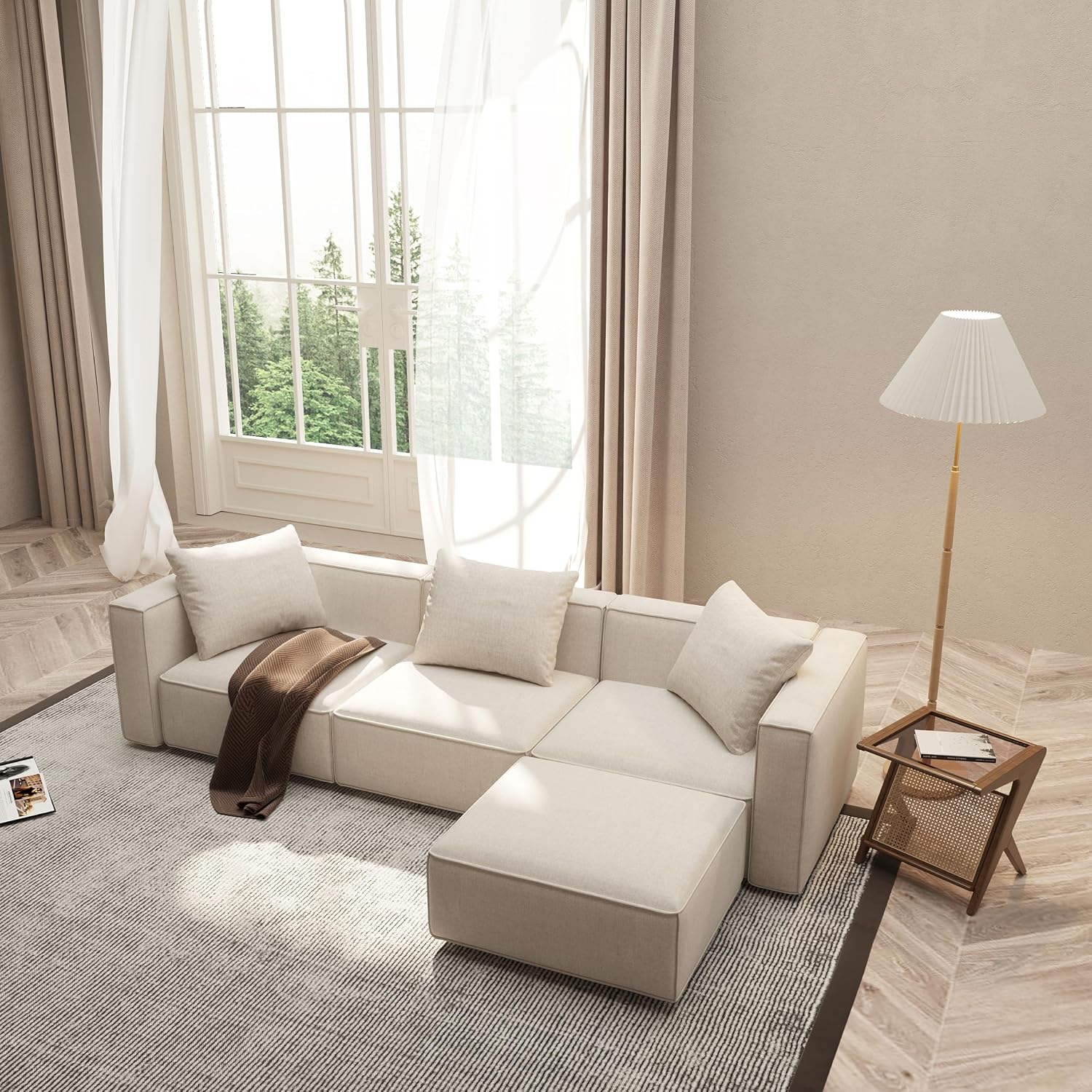Acanva Luxury Modular Sectional Living Room Sofa Set, Modern Minimalist Style Couch with Ottoman and Chaise, L-Shape, Linen-Like Cream | Minimalist Style, With Ottoman, Modular Sectional