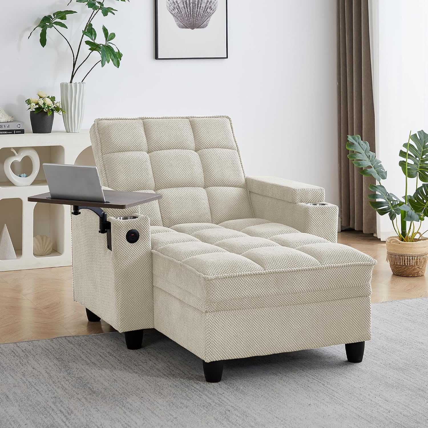 41.7' Oversized Chaise Lounge Chair Indoor, Boucle Upholstered Sofa Bed with Adjustable Backrest, Deep Seat Reading Chair, Sofas Couches for Living Room, Storage, Cup Holders & 360° Swivel Side Table
