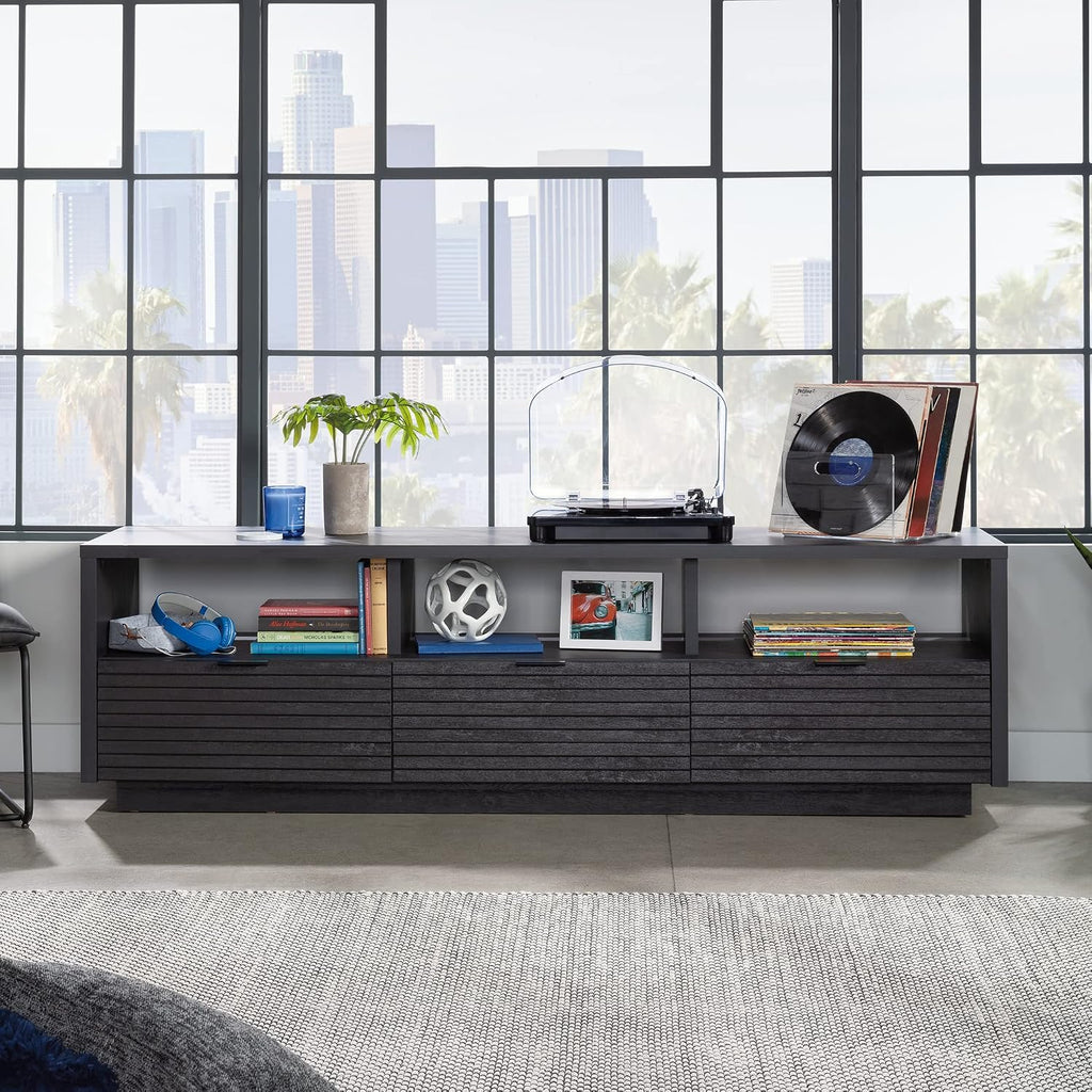 Sauder Harvey Park Modern TV Stand Media Console Credenza with Drawers and Storage Shelves, in Raven Oak